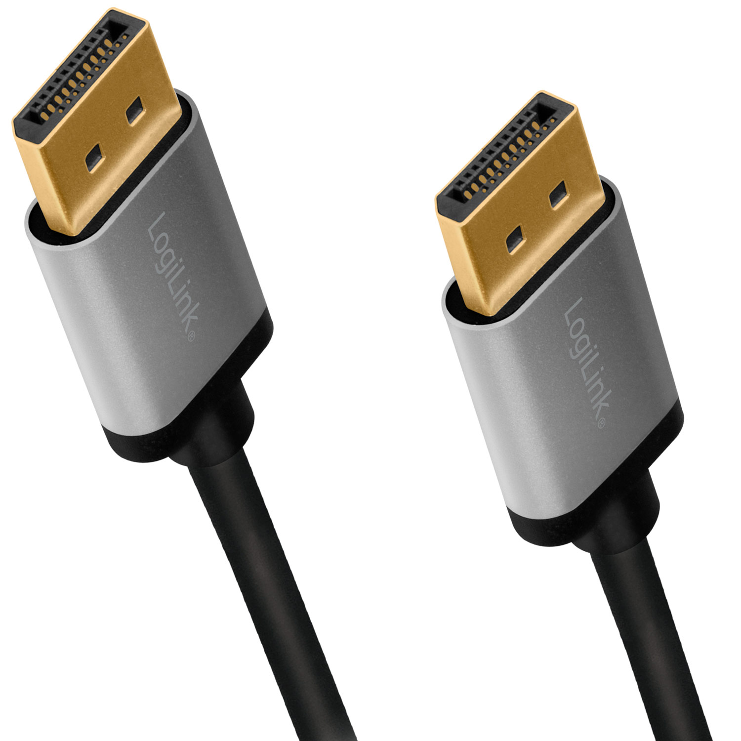 Twee LogiLink DisplayPort-kabels. Grijze connectoren met goudkleurige uiteinden en zwarte kabels.