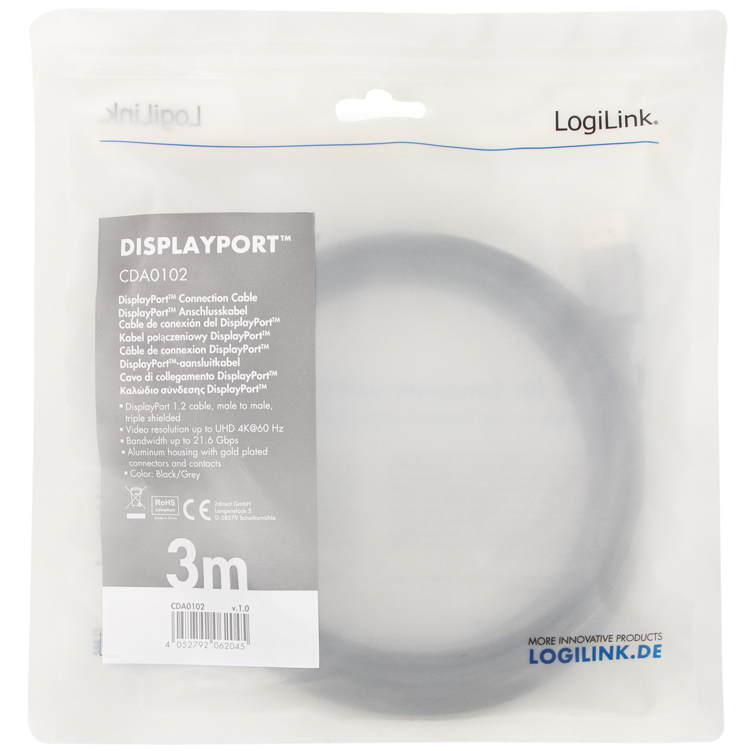 Transparante plastic verpakking met een opgerolde zwarte DisplayPort-kabel. Tekst beschrijft specificaties.