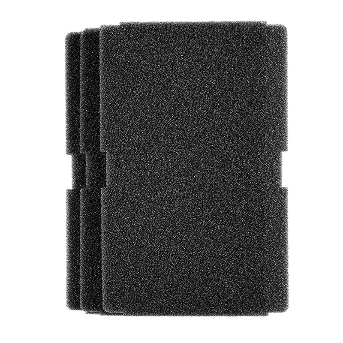 Kilka czarnych filtrów piankowych ułożonych razem. Są grube i prostokątne.