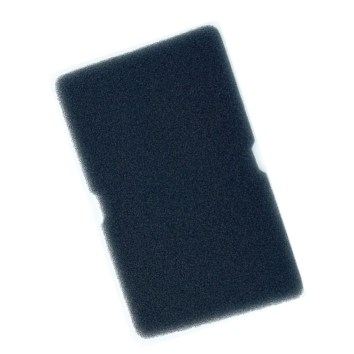 Czarny filtr powietrza, prostokątny kształt, widoczna biała ramka. Do oczyszczacza powietrza.