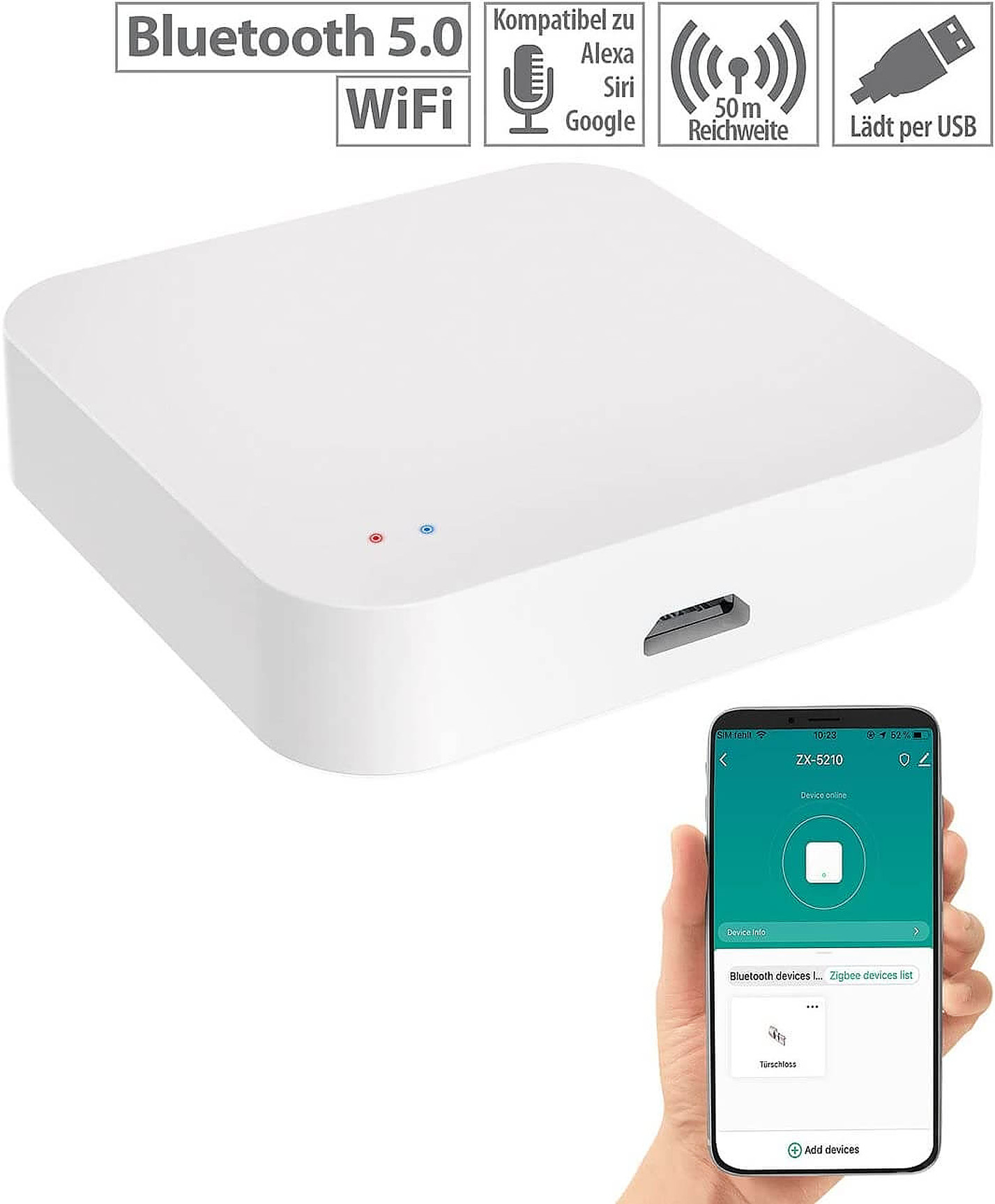Weißes Smart-Home-Gerät. Eine Hand, die ein Smartphone mit angezeigter App-Oberfläche hält.