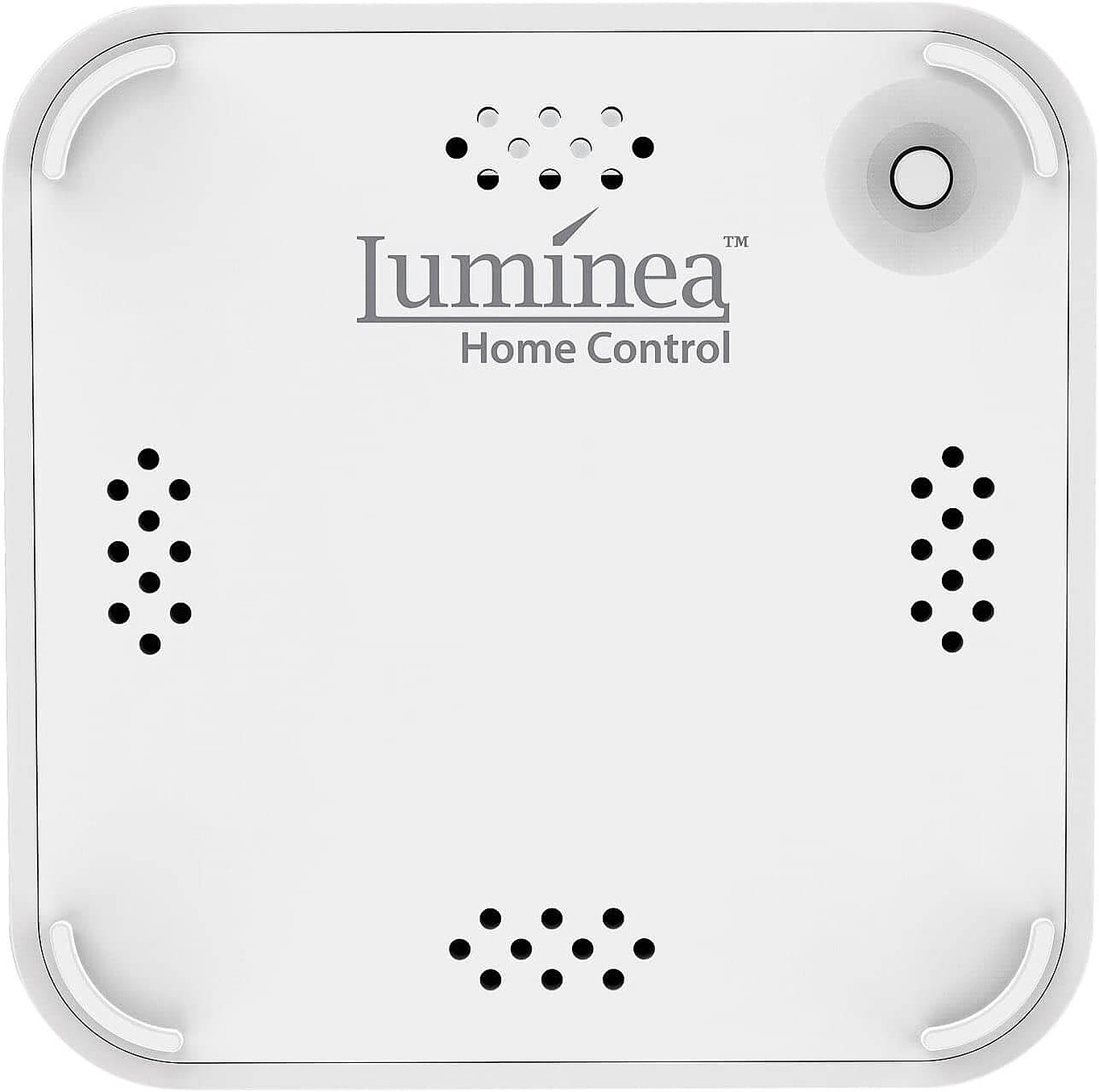 Weißes Luminea Home Control Gerät. Quadratisches Gerät mit Löchern und abgerundeten Ecken.