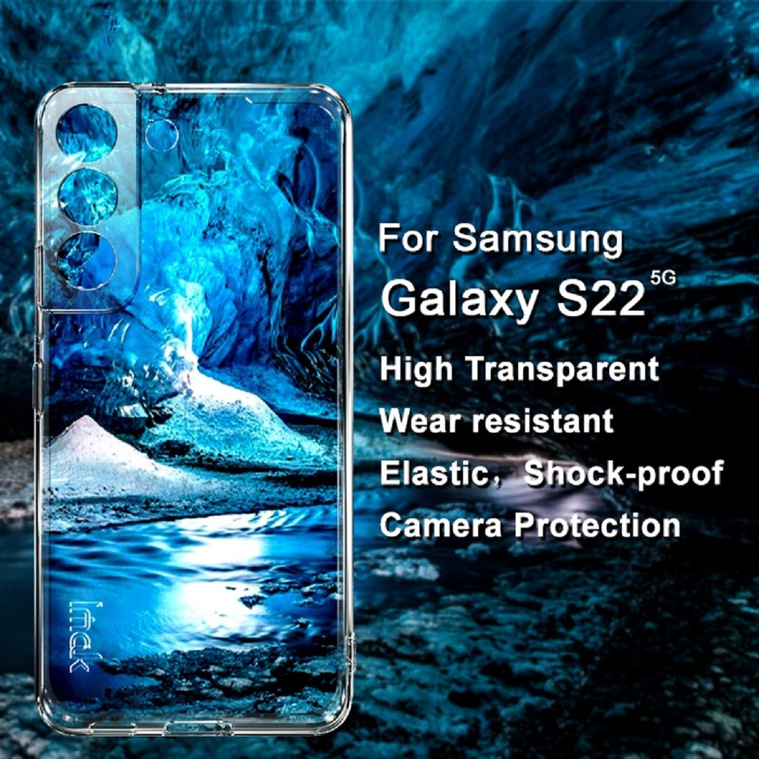 Transparente Handyhülle mit blauem Landschaftsdesign. Text sagt, dass es für Samsung Galaxy S22 5G ist.