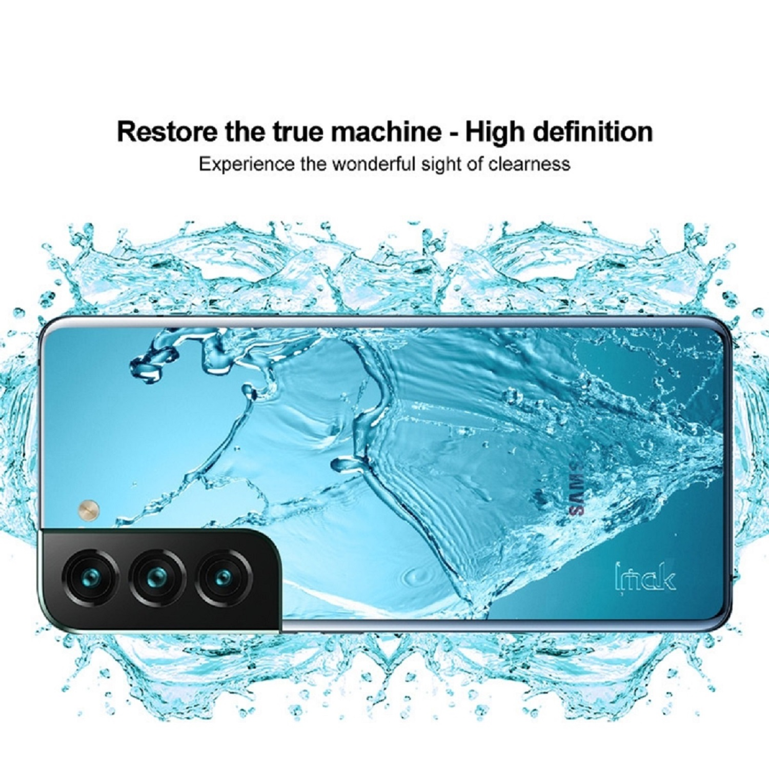 Telefon von Wasser umgeben. Wasser und Text: Stelle die wahre Maschine wieder her.