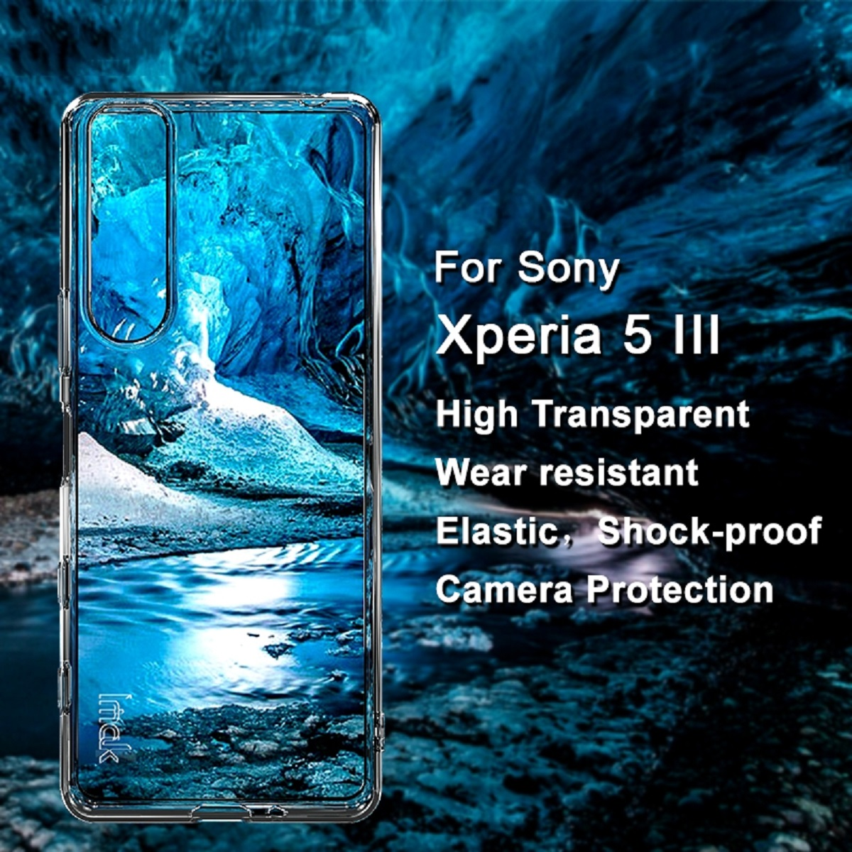 Eine transparente Handyhülle mit blauem und weißem abstraktem Design, Text auf der Hülle lautet 'For Sony Xperia 5 III'.