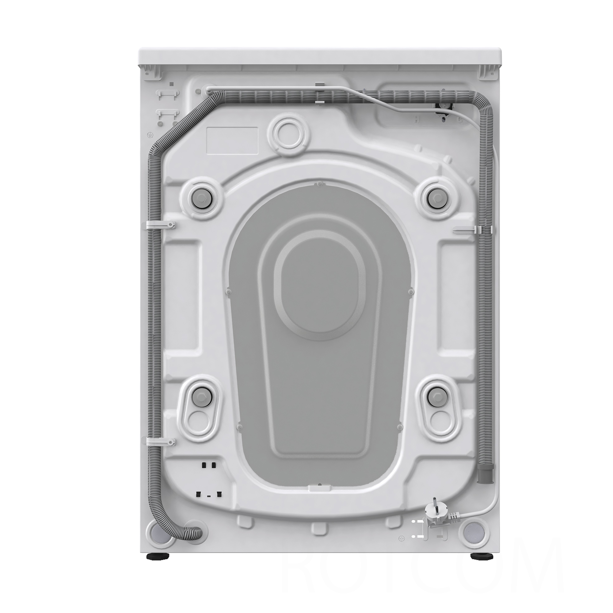 Widok z tyłu białej pralki z szarymi drzwiami. Posiada wąż i różne części.