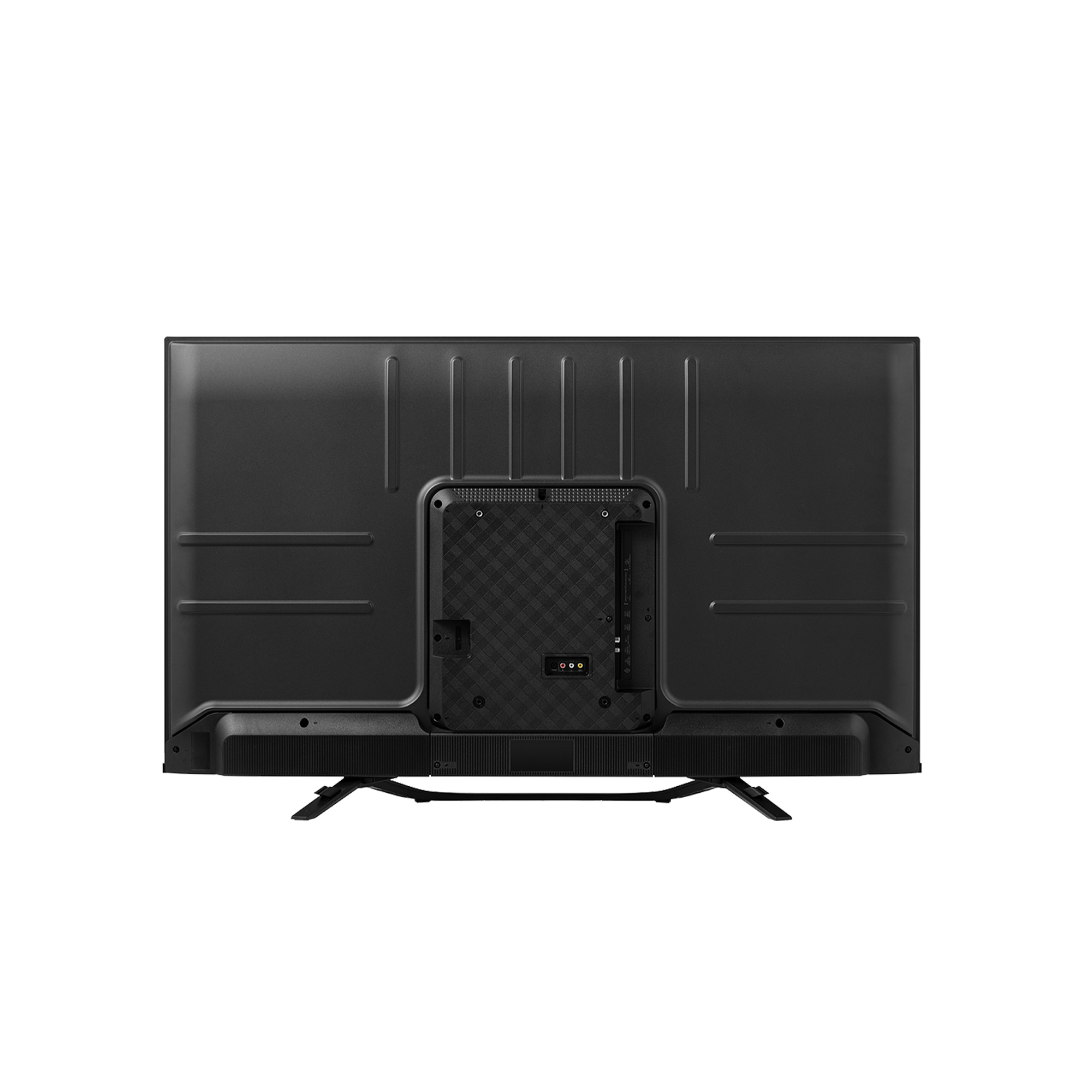 Tył czarnego telewizora z płaskim ekranem. Pokazuje porty i otwory wentylacyjne, z dwiema nóżkami.