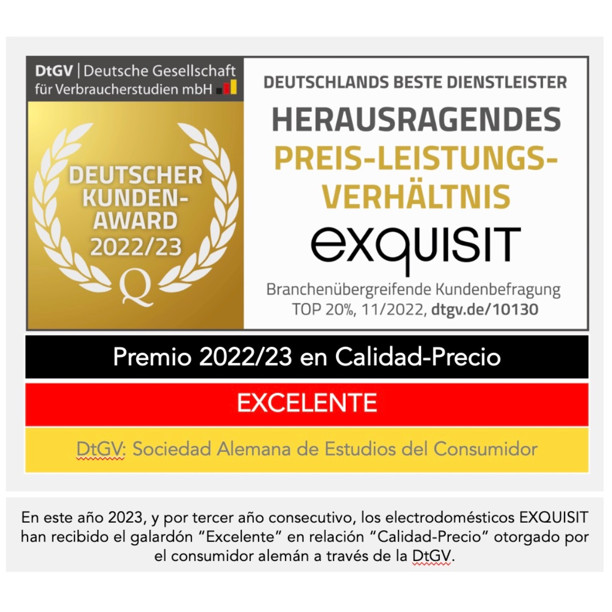 Certificado de premio en alemán, con texto sobre calidad y valor, de Deutscher Kunden-Award.