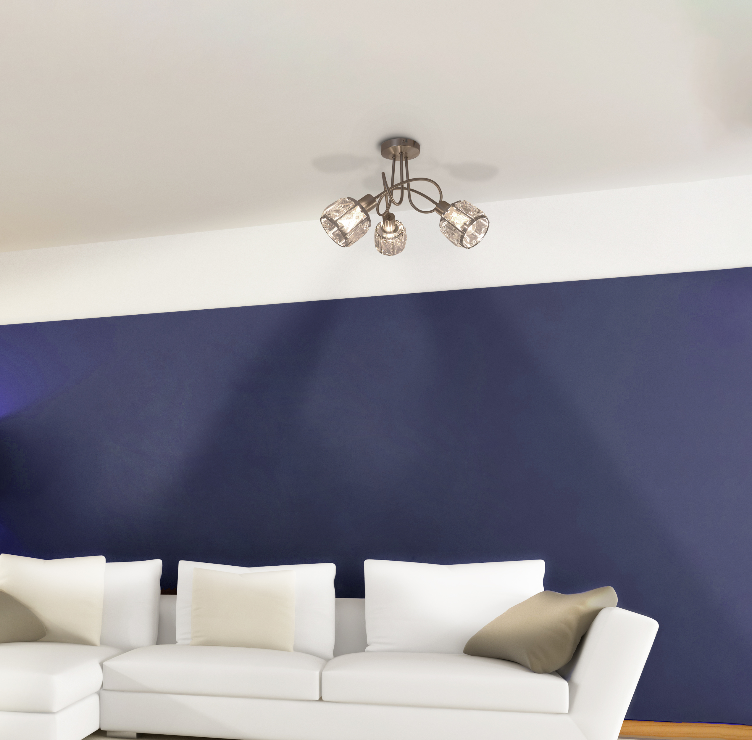 Modernes Wohnzimmer mit blauer Wand und weißem Sofa.