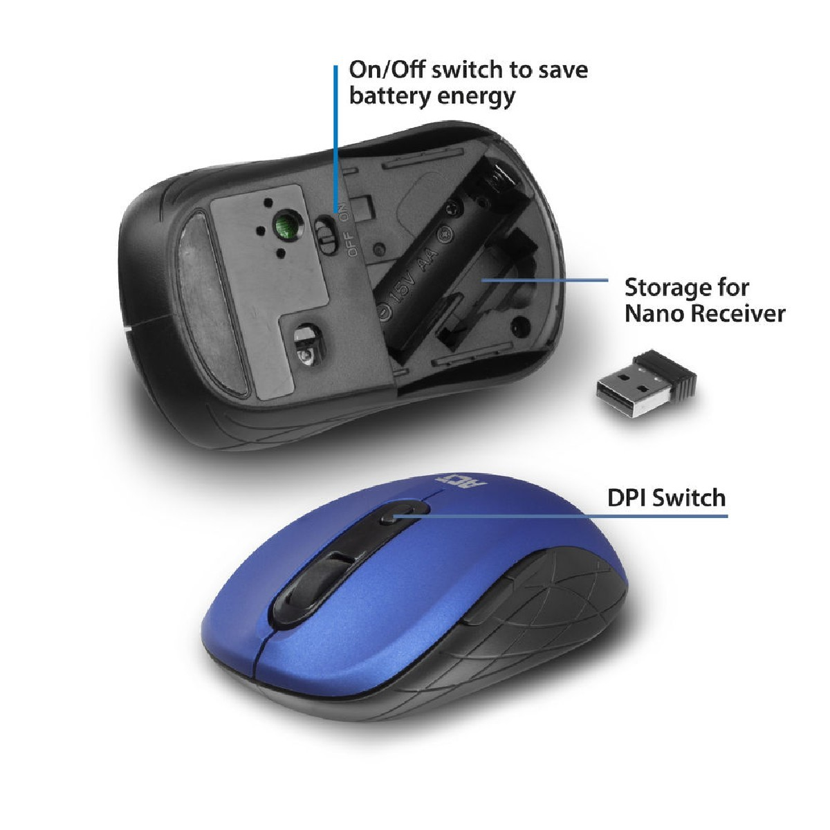 Een blauwe en zwarte draadloze muis. De muis is open om de batterij en de opslag van de nano-ontvanger te laten zien.