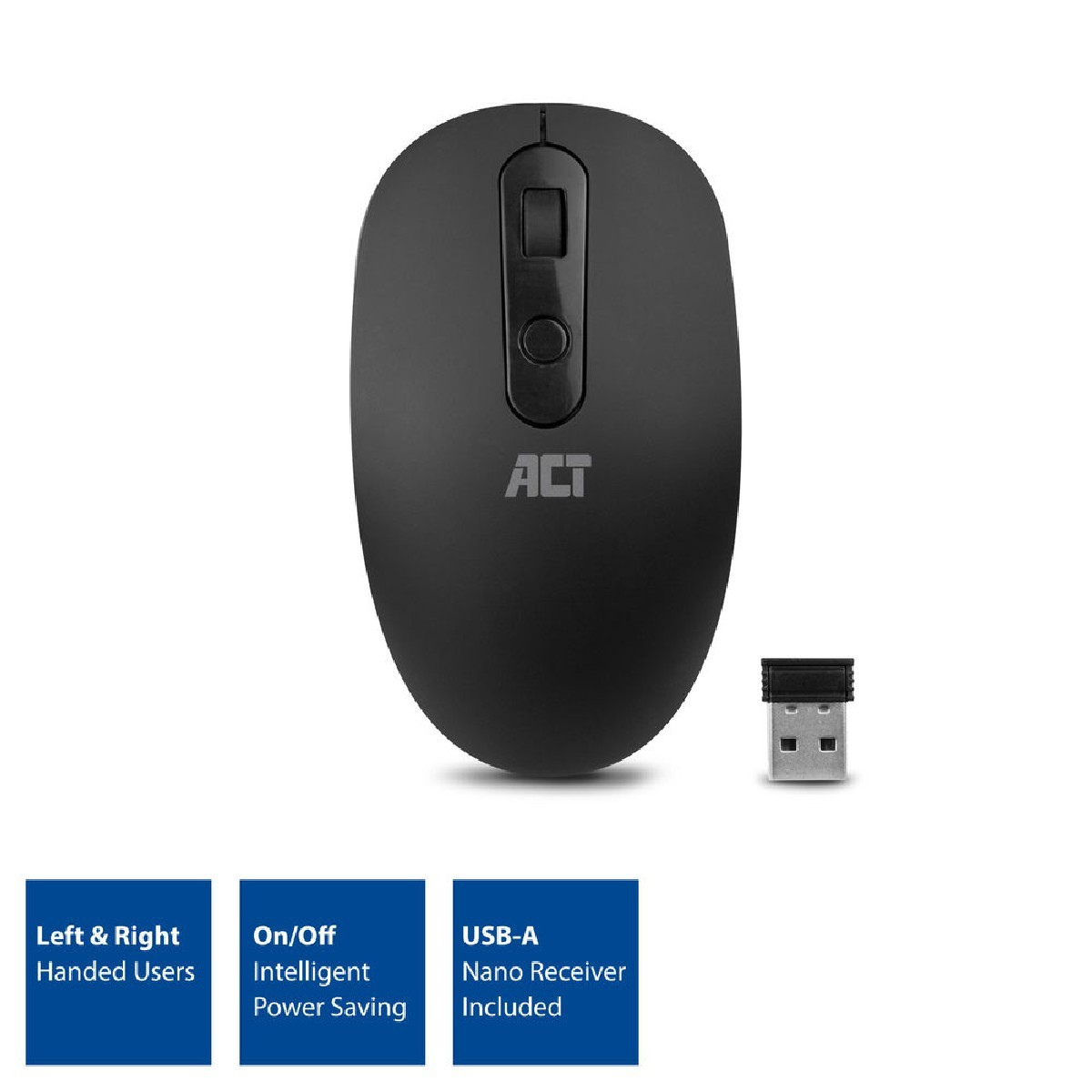 Black wireless mouse with a USB receiver. Features buttons for left/right hand use and power saving.