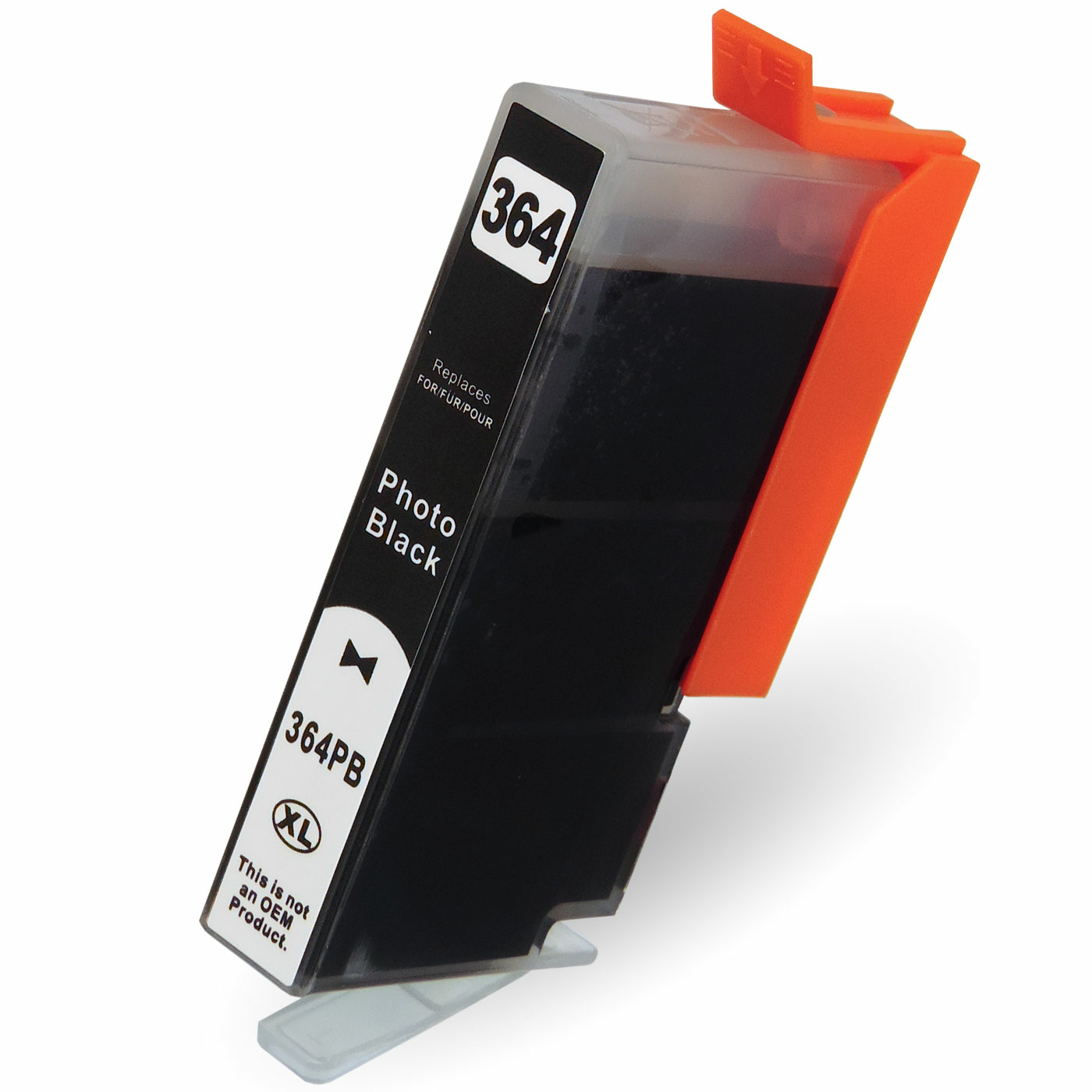 Schwarze Tintenpatrone mit Etikett '364 Photo Black' und orangefarbenem Clip.