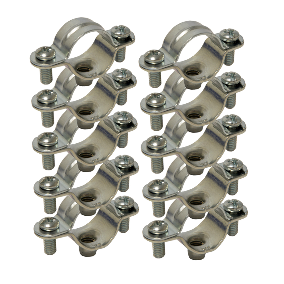 Metallrohrschellen mit Schrauben in einem Raster angeordnet.