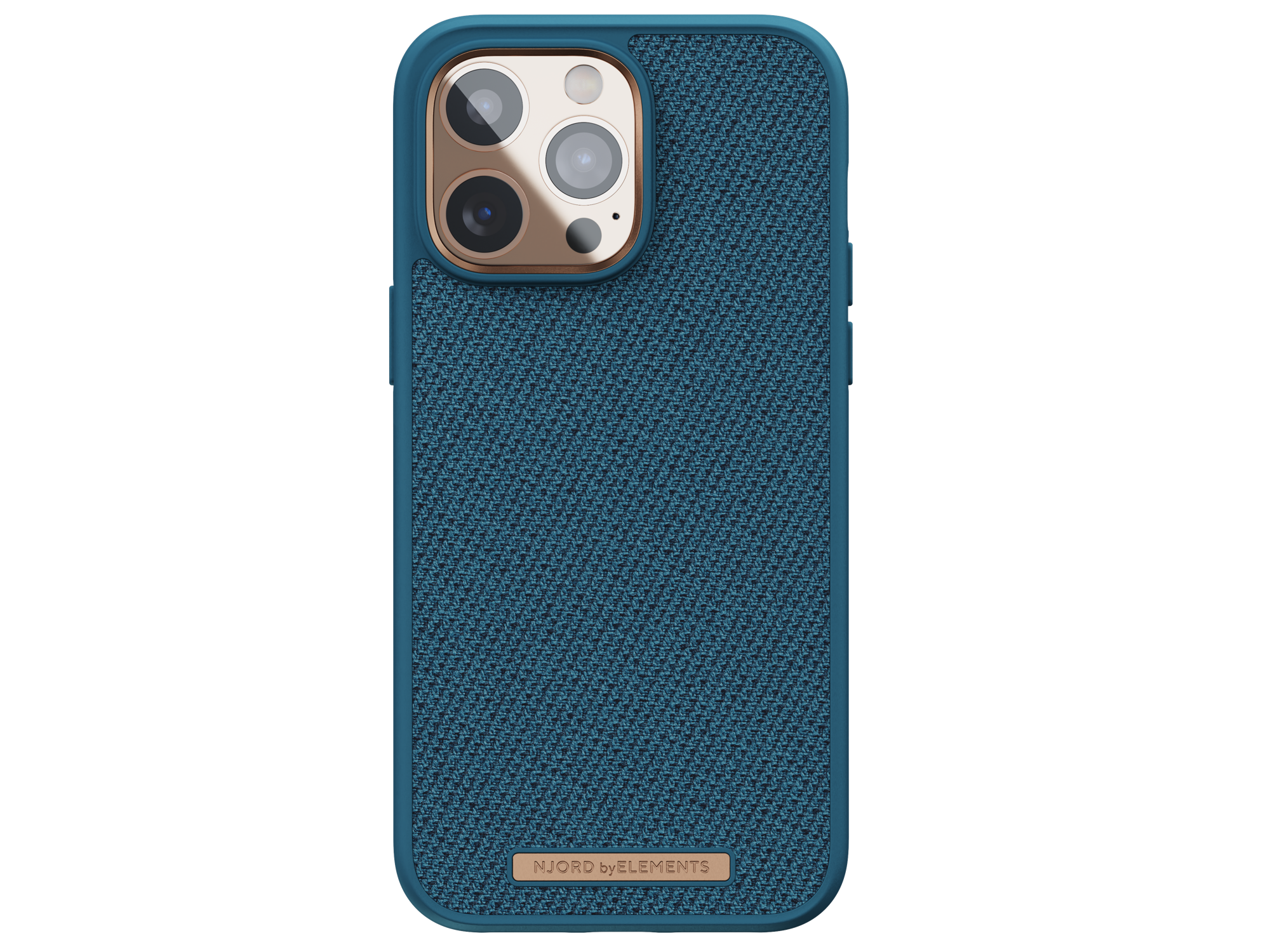 Una custodia per telefono. È blu con un design strutturato. La fotocamera ha un anello d'oro.