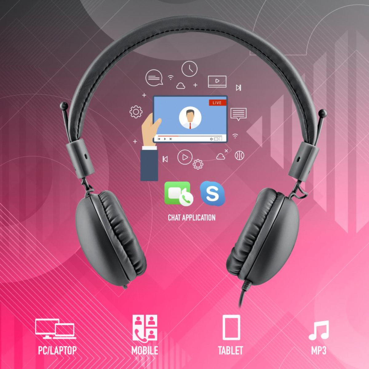 Schwarze Kopfhörer mit Kabel, Icons für PC, Handy, Tablet und MP3. Ein Live-Videoanruf ist auf dem Bildschirm.