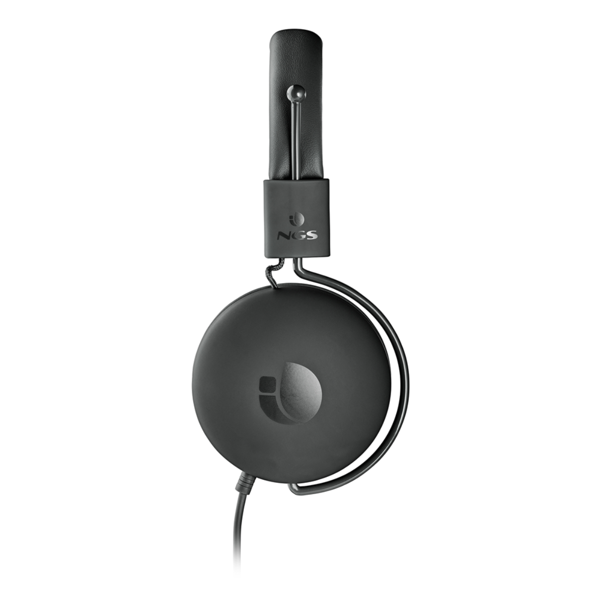 Schwarze NGS-Kopfhörer. Die Kopfhörer haben ein kreisförmiges Ohrmuscheldesign und einen verbindenden Kopfbügel.