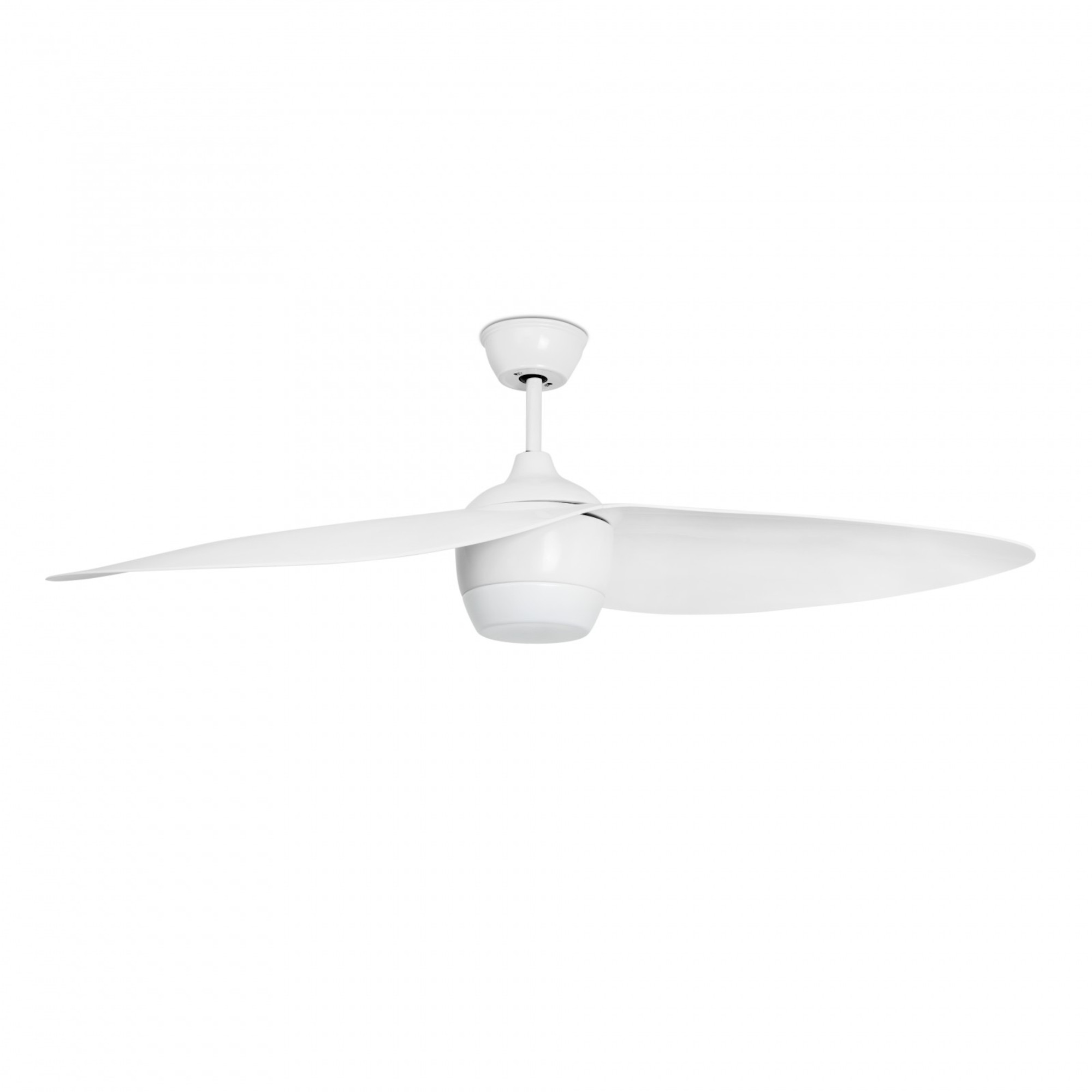 Ein weißer Deckenventilator mit zwei Flügeln, isoliert auf Weiß.