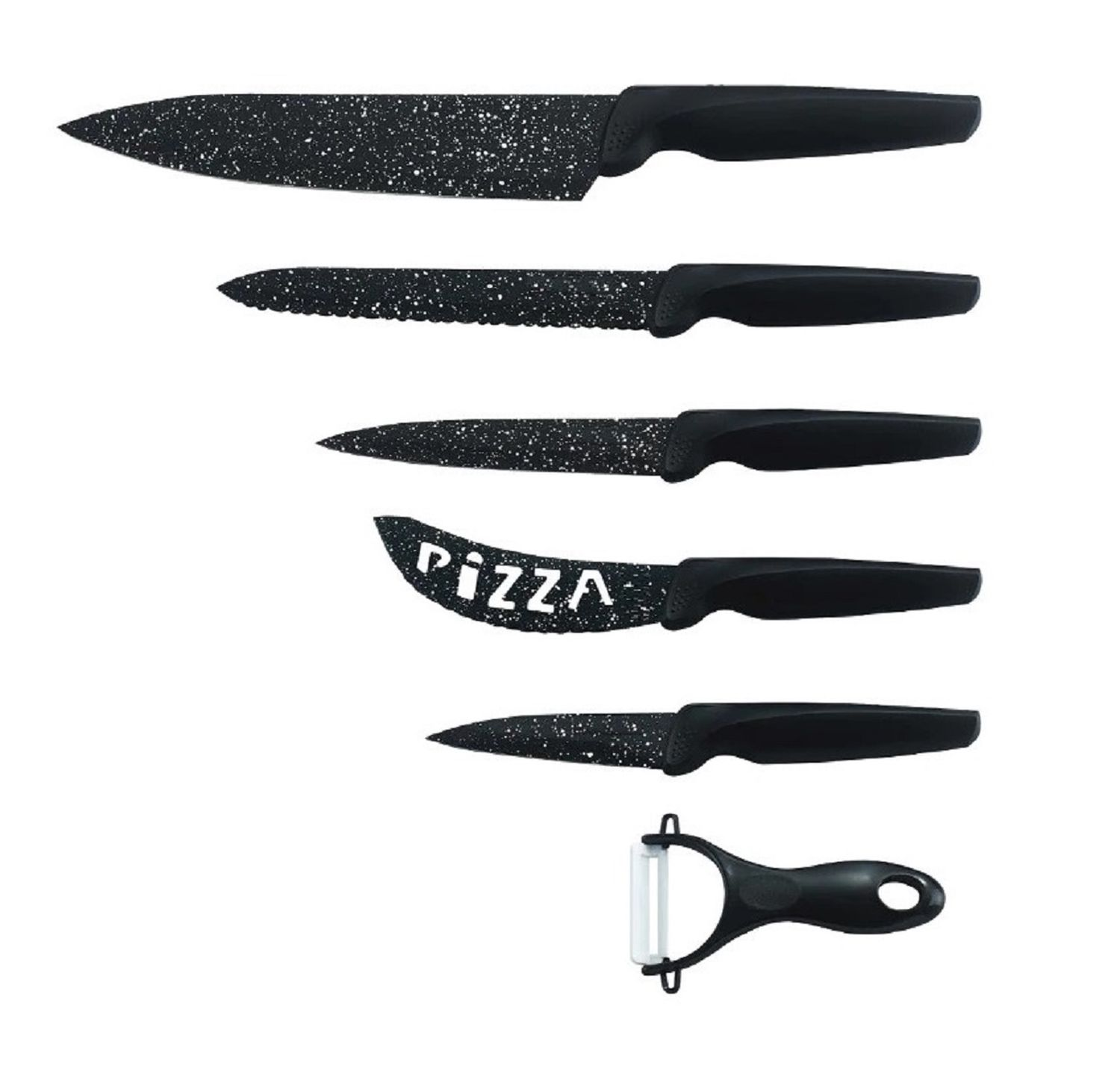 Set schwarzer Messer. Enthält ein Kochmesser, ein gezahntes Messer und ein Pizzamesser mit 'PIZZA'.