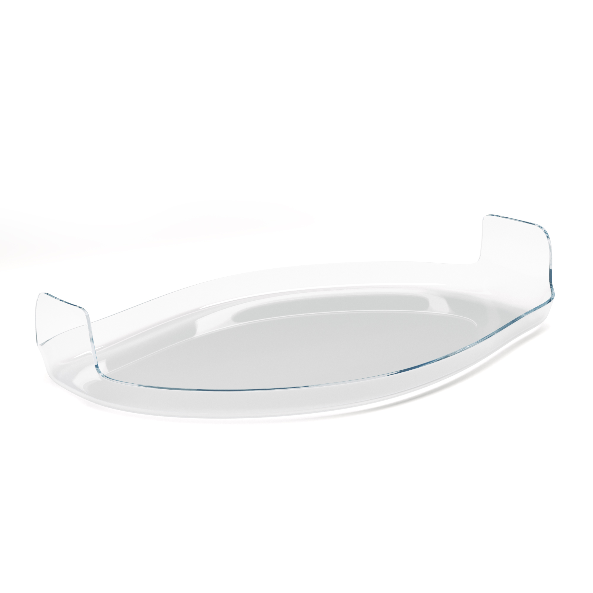 Eine transparente, oval geformte Glasschale mit gebogenen Seiten, die auf einer weißen Oberfläche steht.