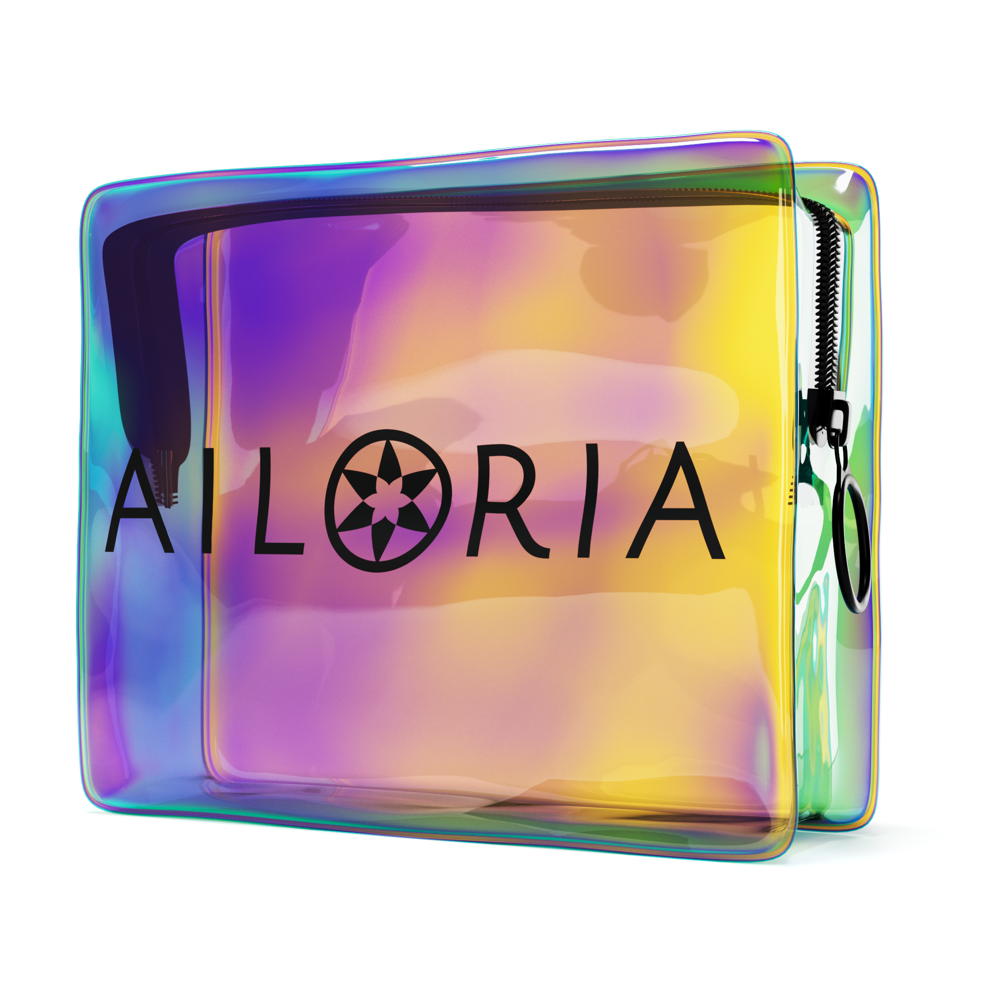 Schillernde Kosmetiktasche mit dem Wort 'AILORIA' in Schwarz. Reißverschluss sichtbar.