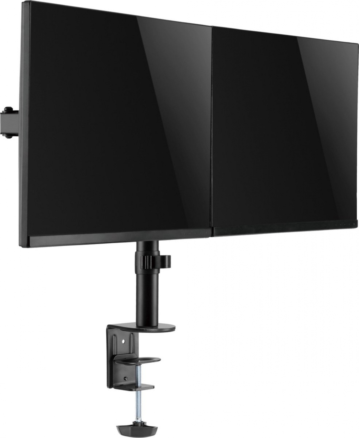 Doppel-Monitor-Setup mit schwarzen Bildschirmen, montiert auf einem schwarzen Ständer. Weißer Hintergrund.