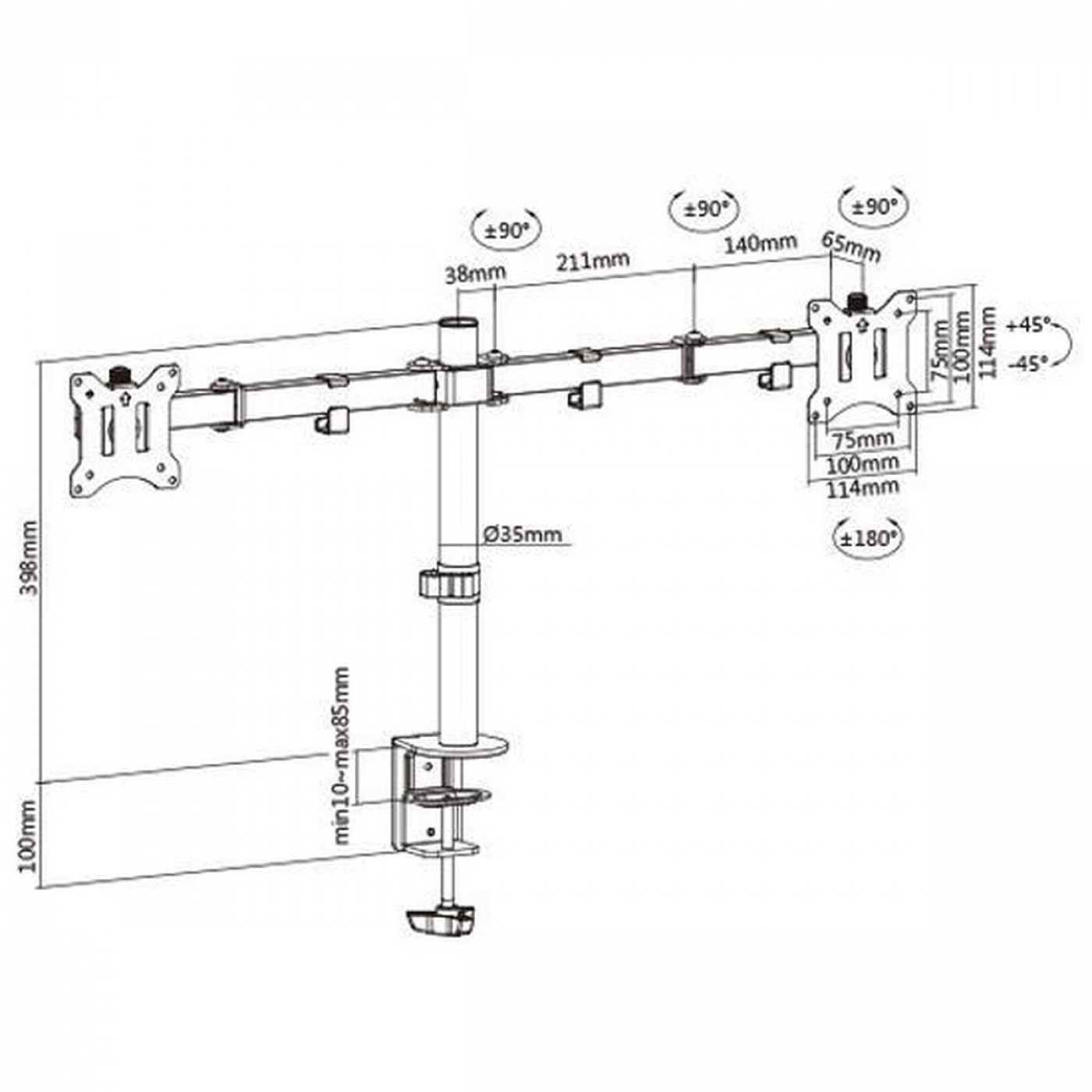 Diagramm eines Monitorarms mit Abmessungen und Einstellwinkeln, schwarz und silber.