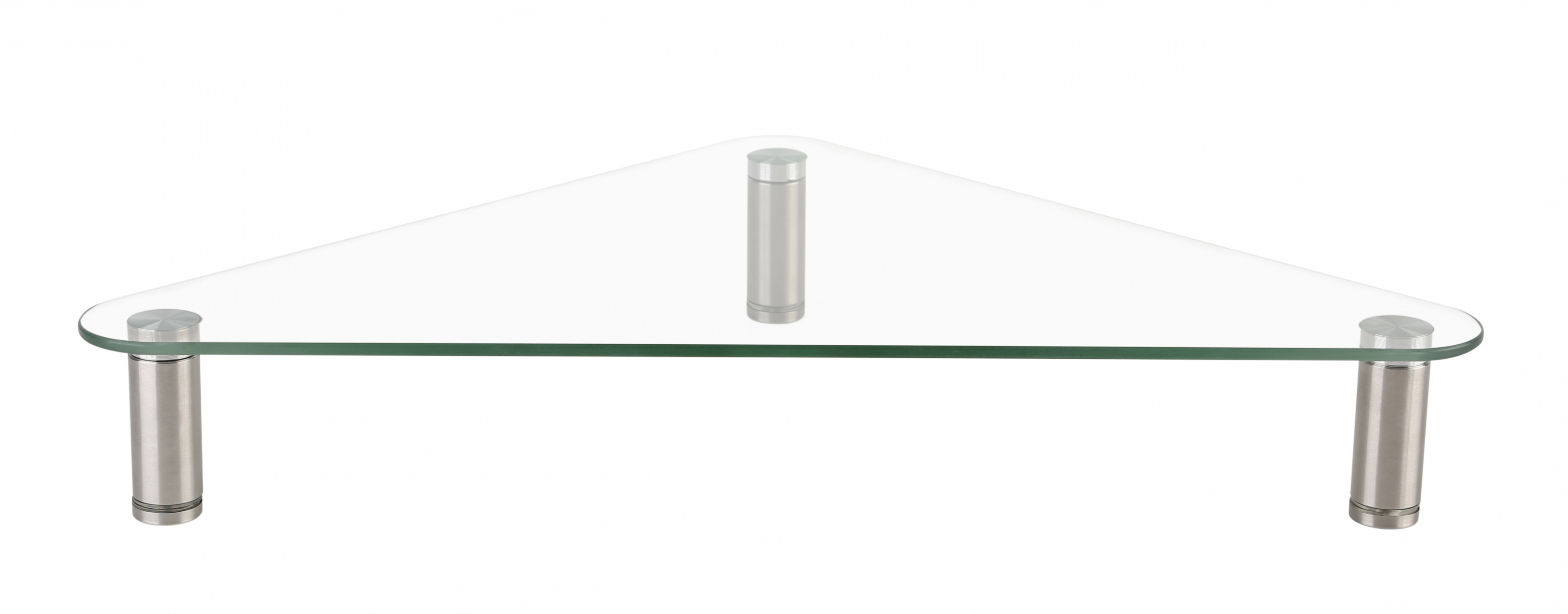 Eckregal aus Glas mit drei Metallstützen. Das Regal ist transparent und hat ein modernes, minimalistisches Design.