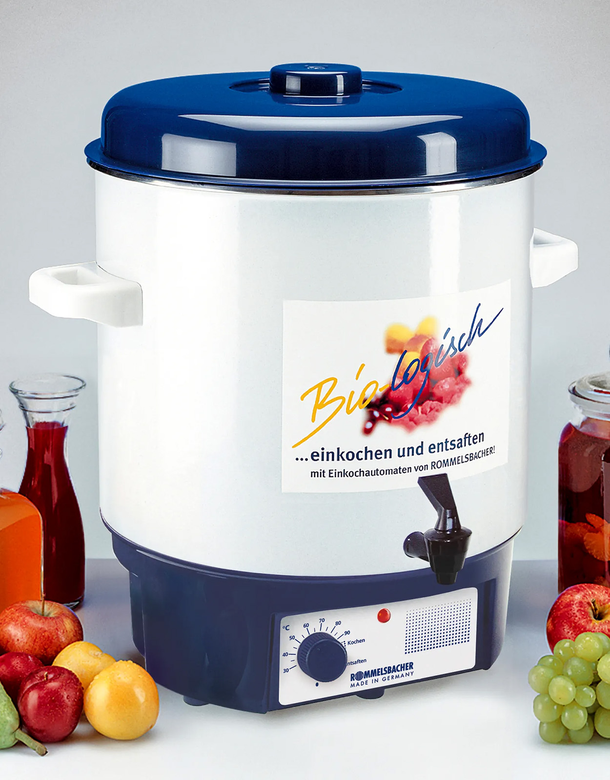 Elettrodomestico bianco e blu con testo e alimenti.