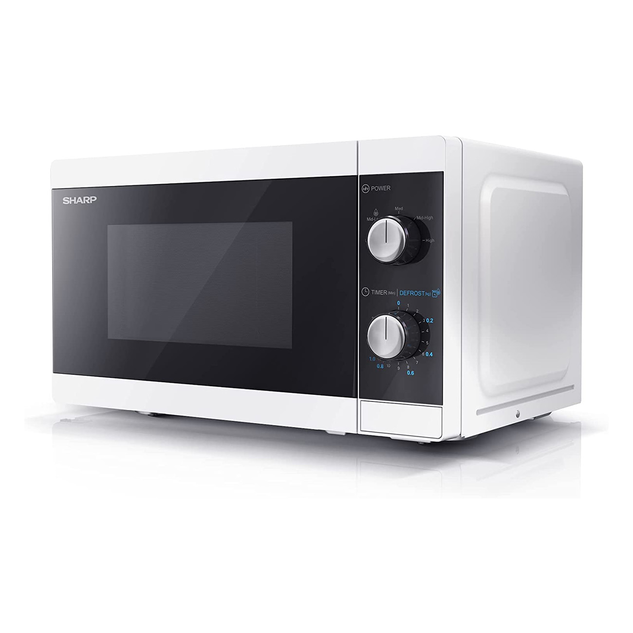 Witte magnetron met zwarte deur, twee knoppen en een digitaal display.