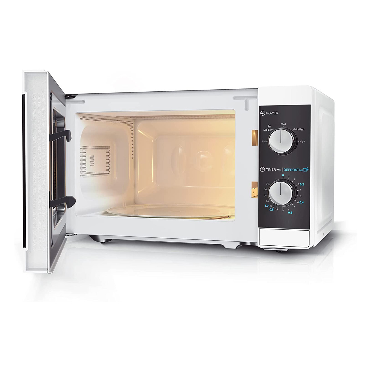 Witte magnetron met de deur open, toont het interieur en de bediening.