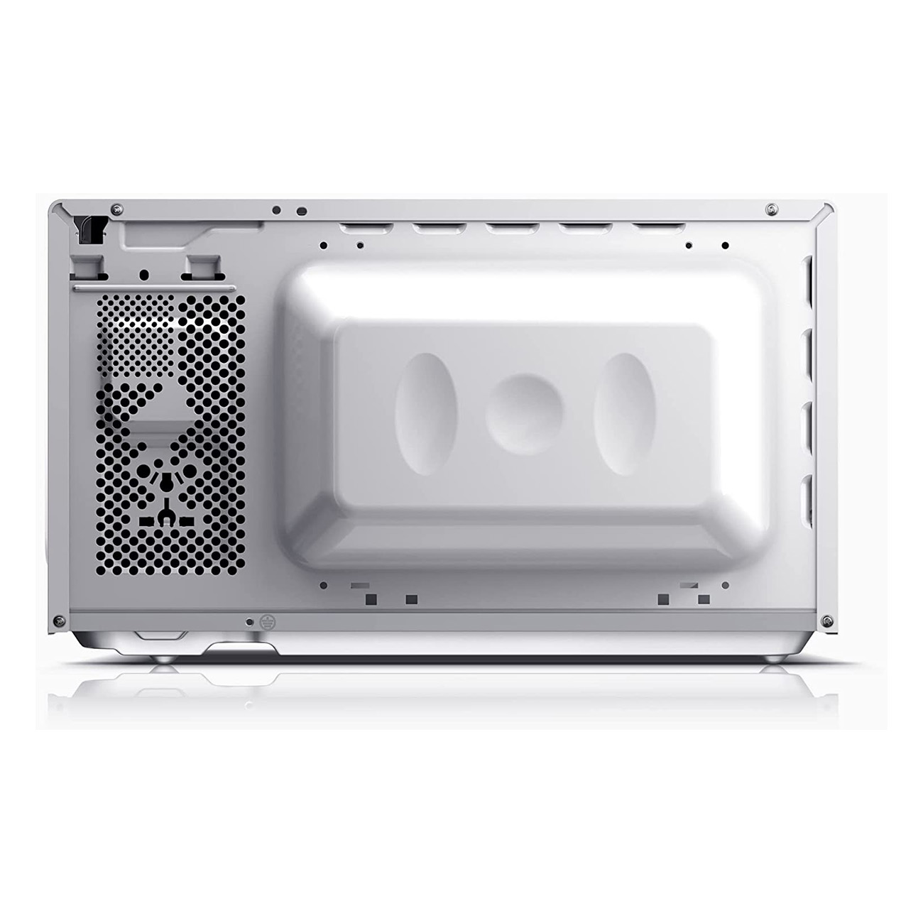 De achterkant van een witte magnetron met ventilatiegaten en een verzonken interieur.