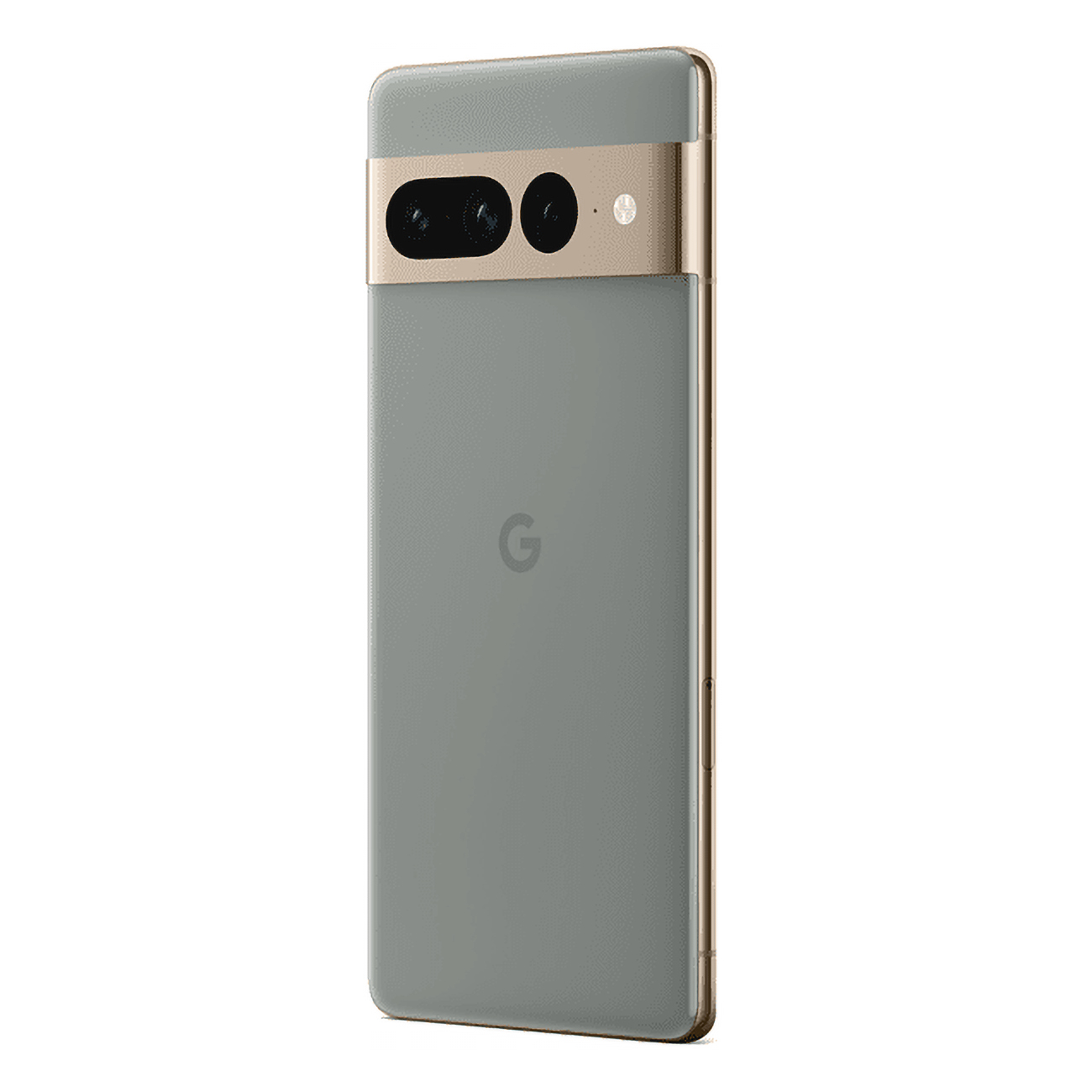 Telefon Google Pixel 7 Pro w kolorze szarym ze złotym paskiem aparatu i logo Google.