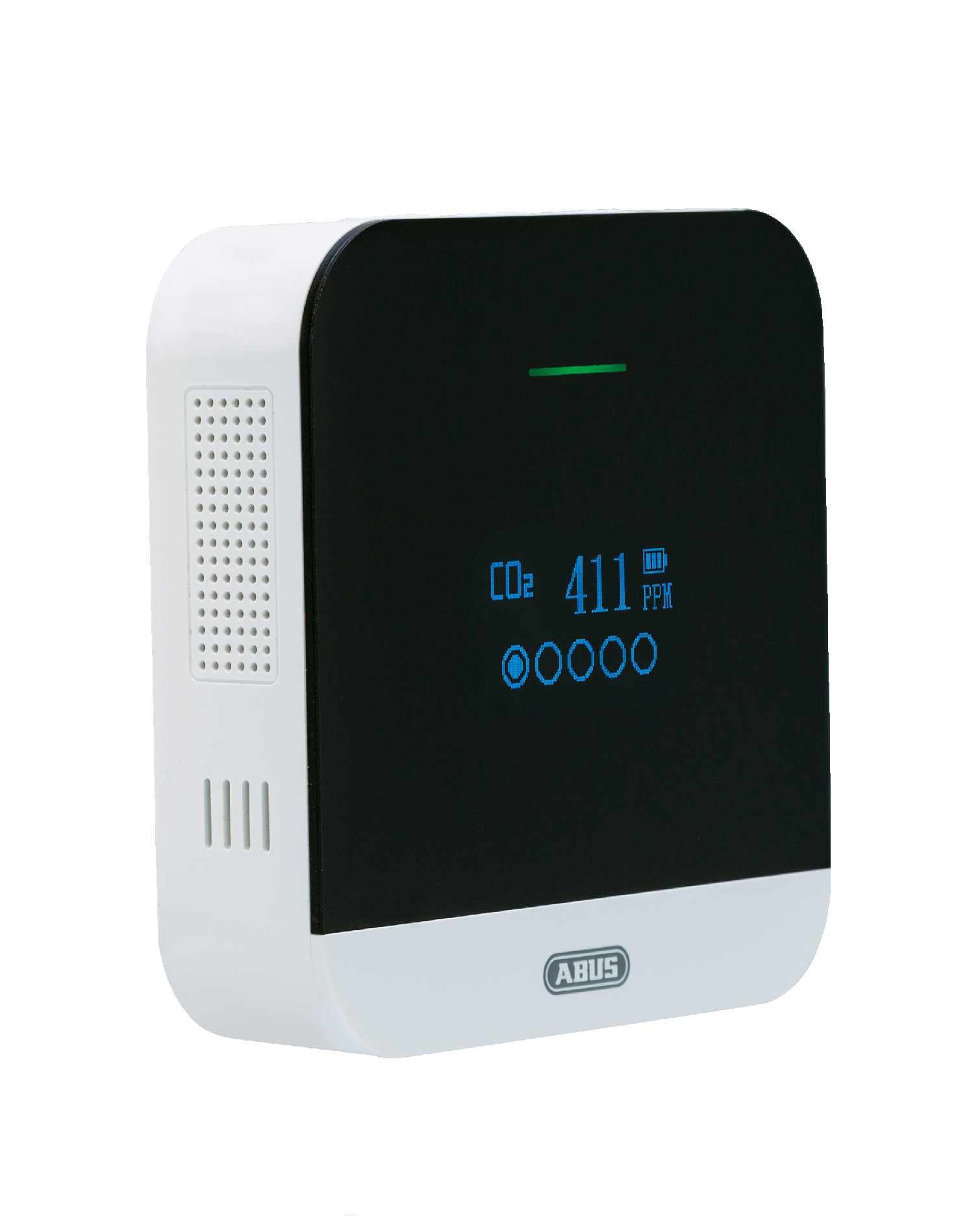 Ein weiß-schwarzer CO2-Detektor. Das Display zeigt den CO2-Pegel und Statusanzeigen.
