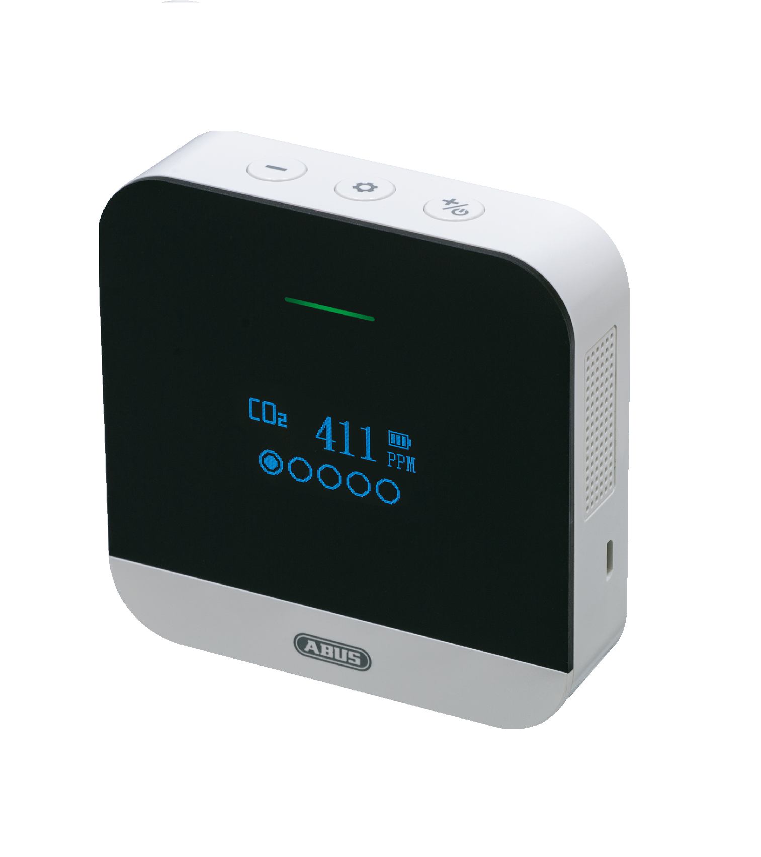 Weiß-grauer CO2-Monitor mit Digitalanzeige '411 PPM' und grünem Licht.