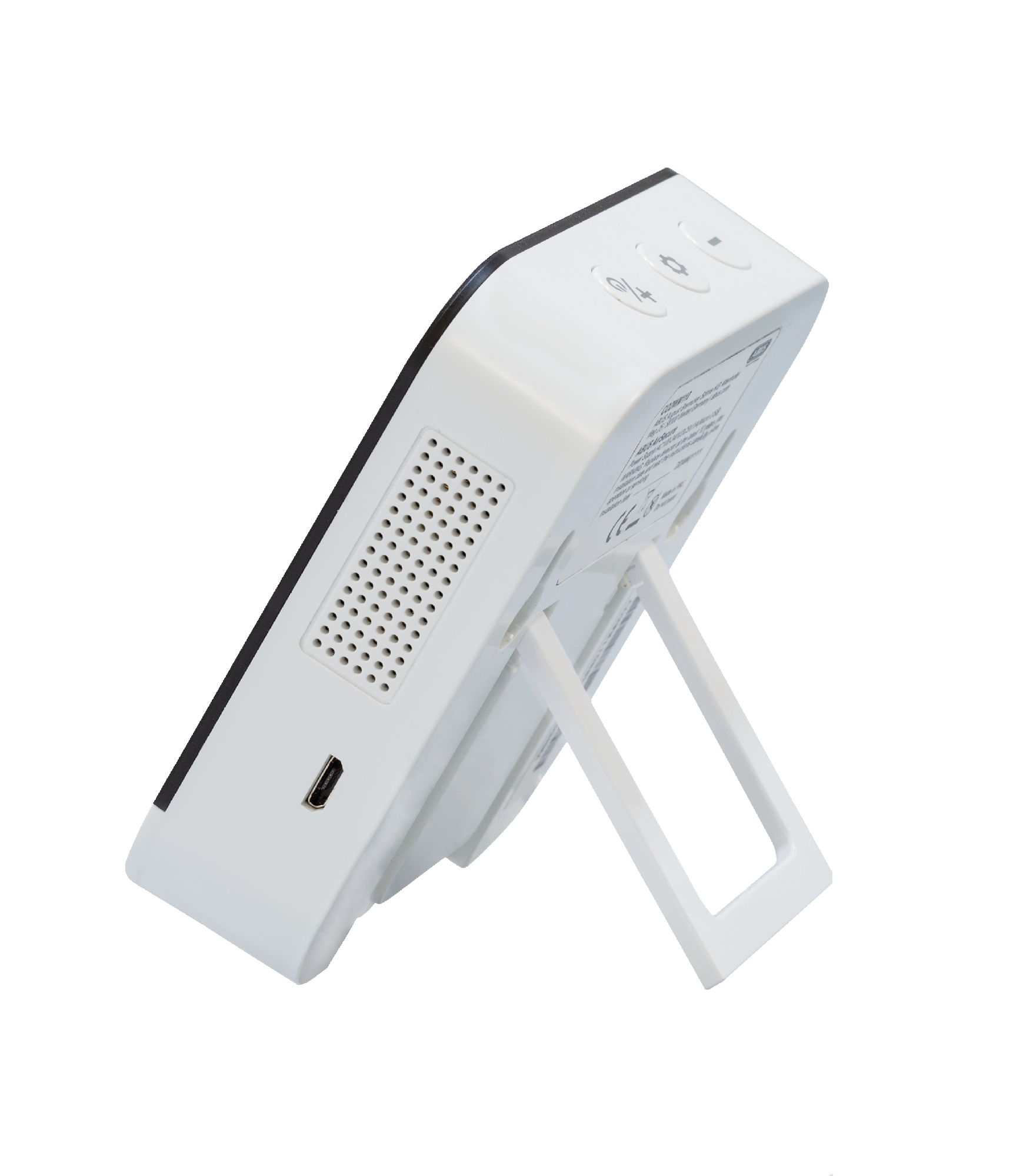 Weißes Gerät mit Ständer, Seitenansicht mit Knöpfen, USB-Anschluss und Lüftungsschlitzen.