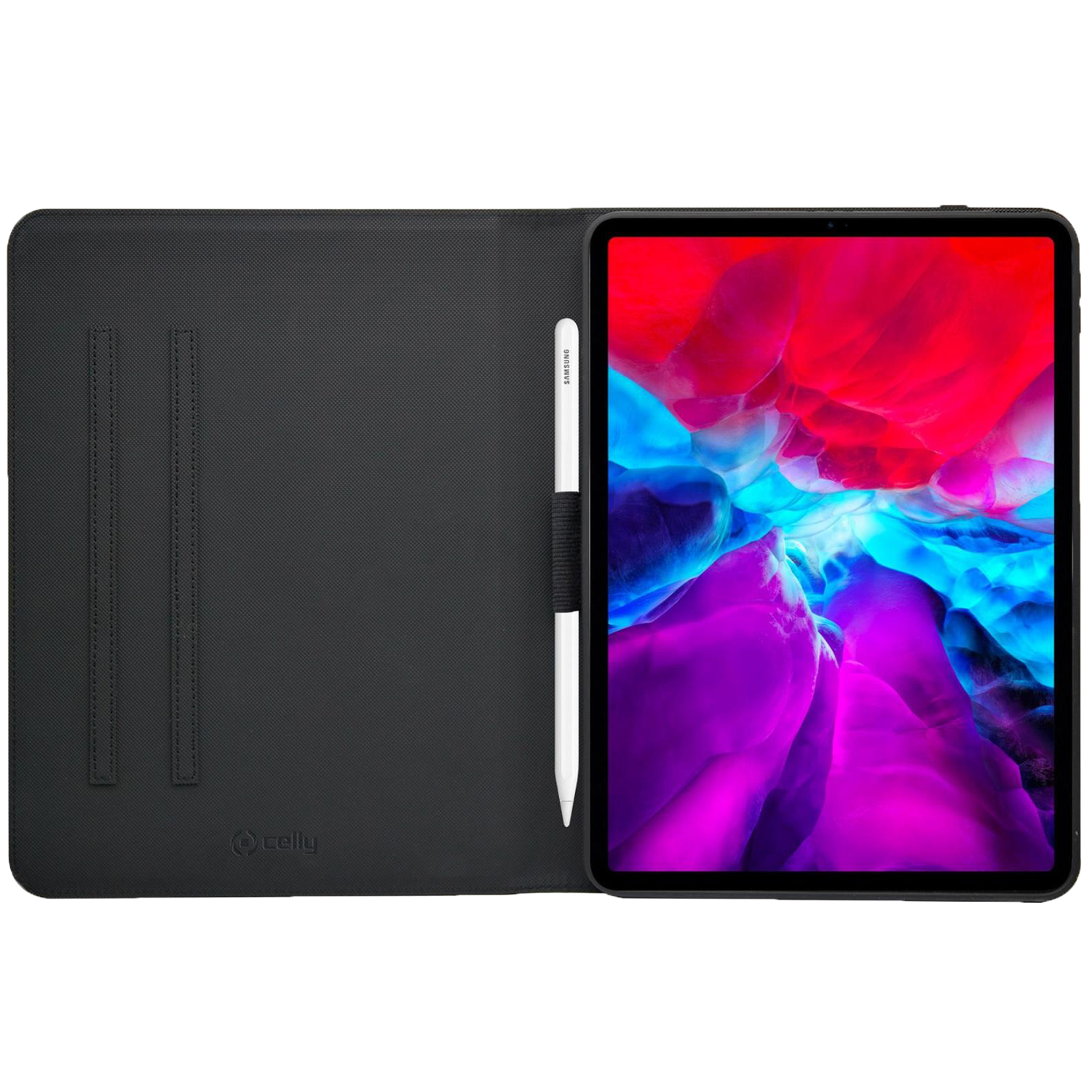 Schwarzes Tablet mit weißem Stift in einer schwarzen Hülle.