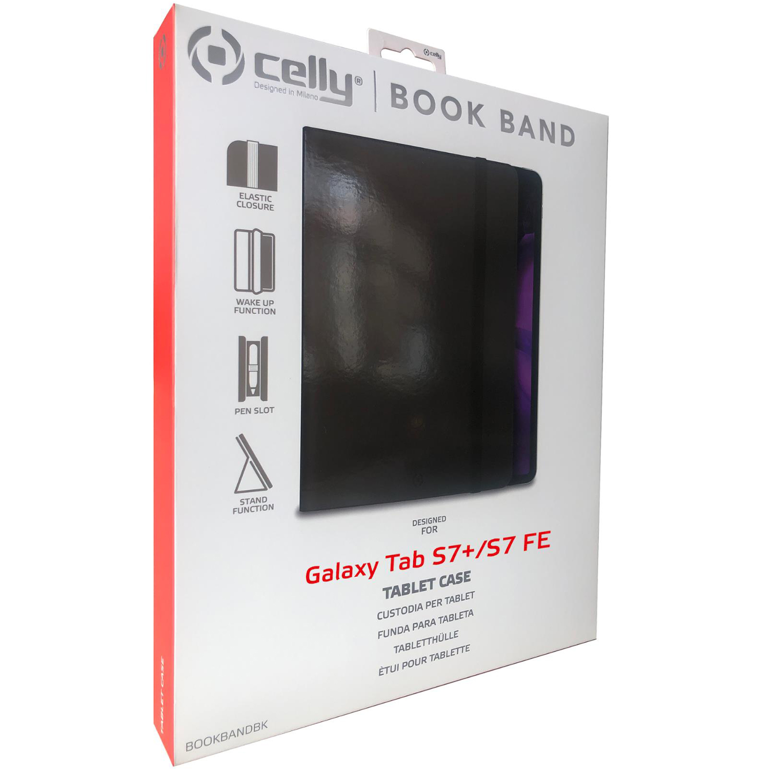 Eine Tablet-Hülle, schwarzes Case innen. Text auf der Box: Galaxy Tab S7+/S7 FE, Book Band.