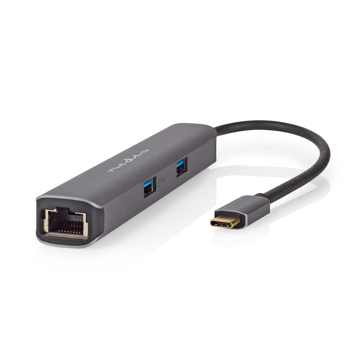 Un hub USB-C grigio con Ethernet e due porte USB. Un cavo USB-C si collega all'hub.