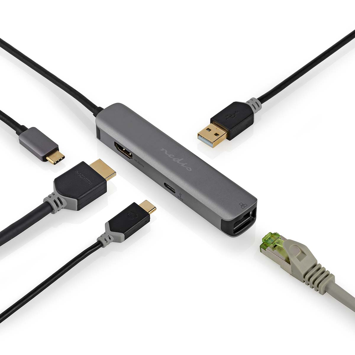 Een grijze hub met meerdere kabels: USB, HDMI, USB-C, Ethernet en een stroomingang.