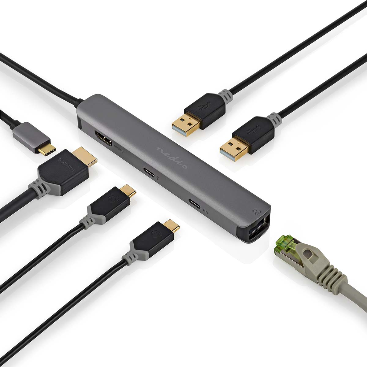 Un hub grigio con più cavi: USB, HDMI ed Ethernet. I cavi sono neri e grigi.