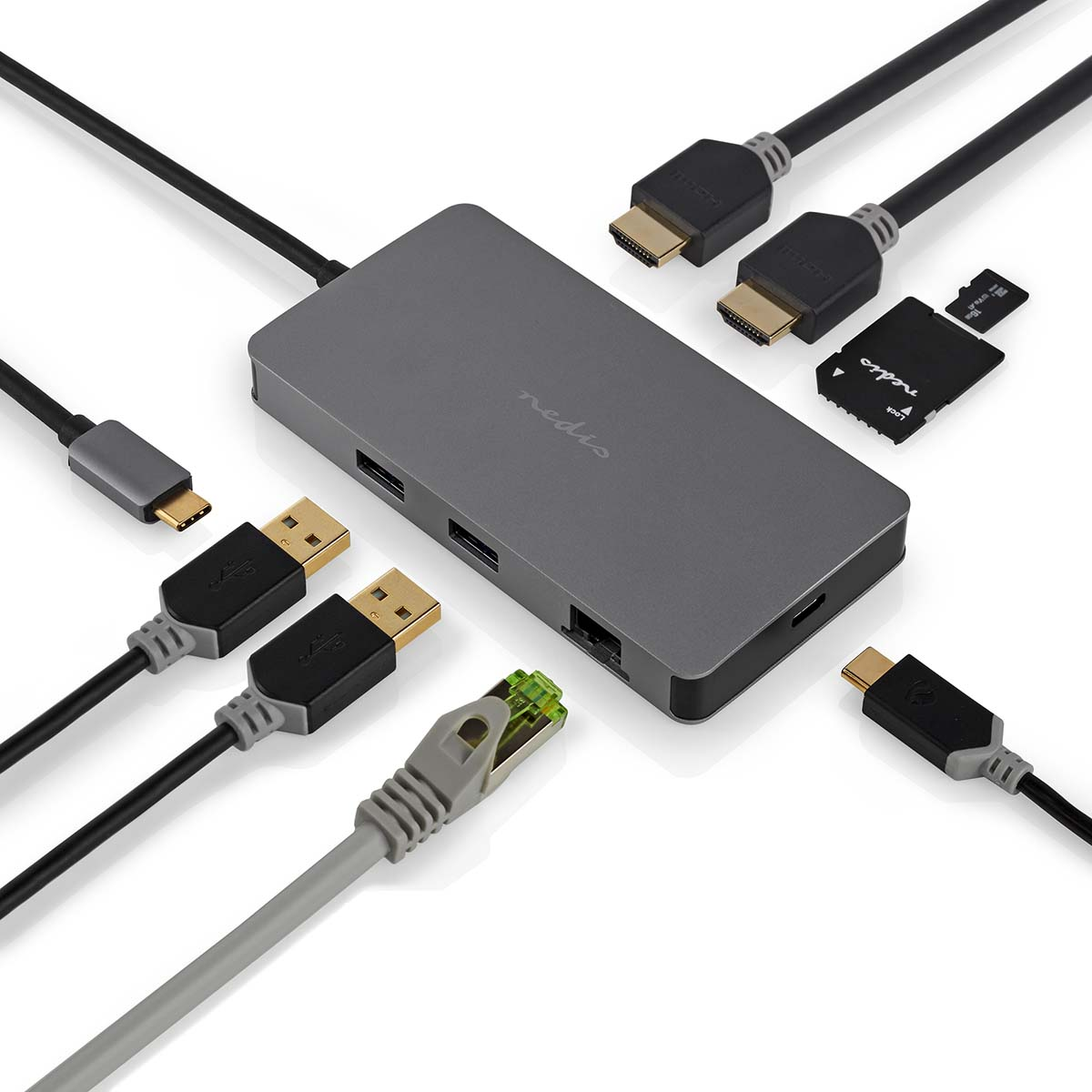 Een grijze hub met meerdere poorten, USB, HDMI en Ethernet, met aangesloten zwarte kabels.