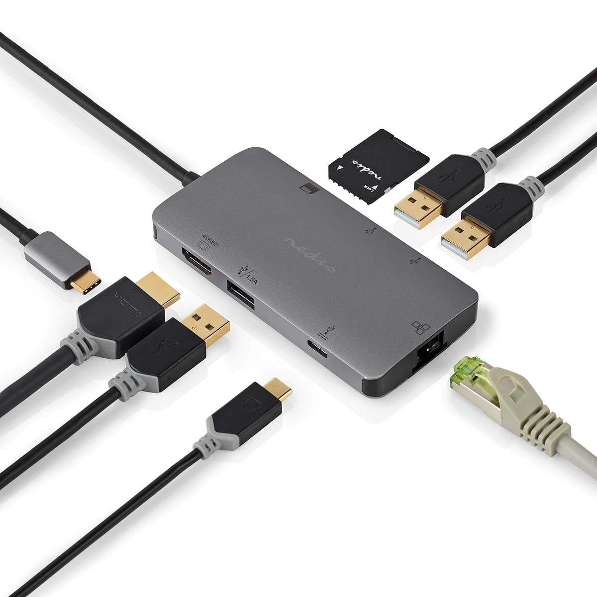 Een grijze hub met meerdere poorten en aangesloten kabels. Het bevat USB-, HDMI- en Ethernet-aansluitingen.