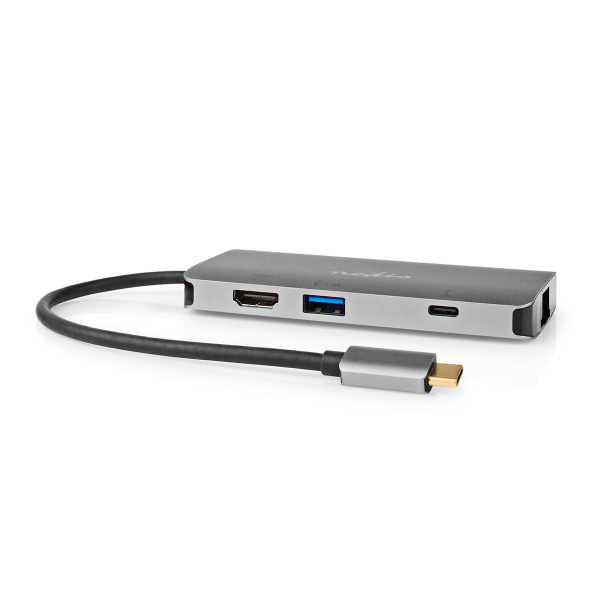 Een zilveren en zwarte USB-C hub met HDMI, USB en andere poorten op een witte achtergrond.