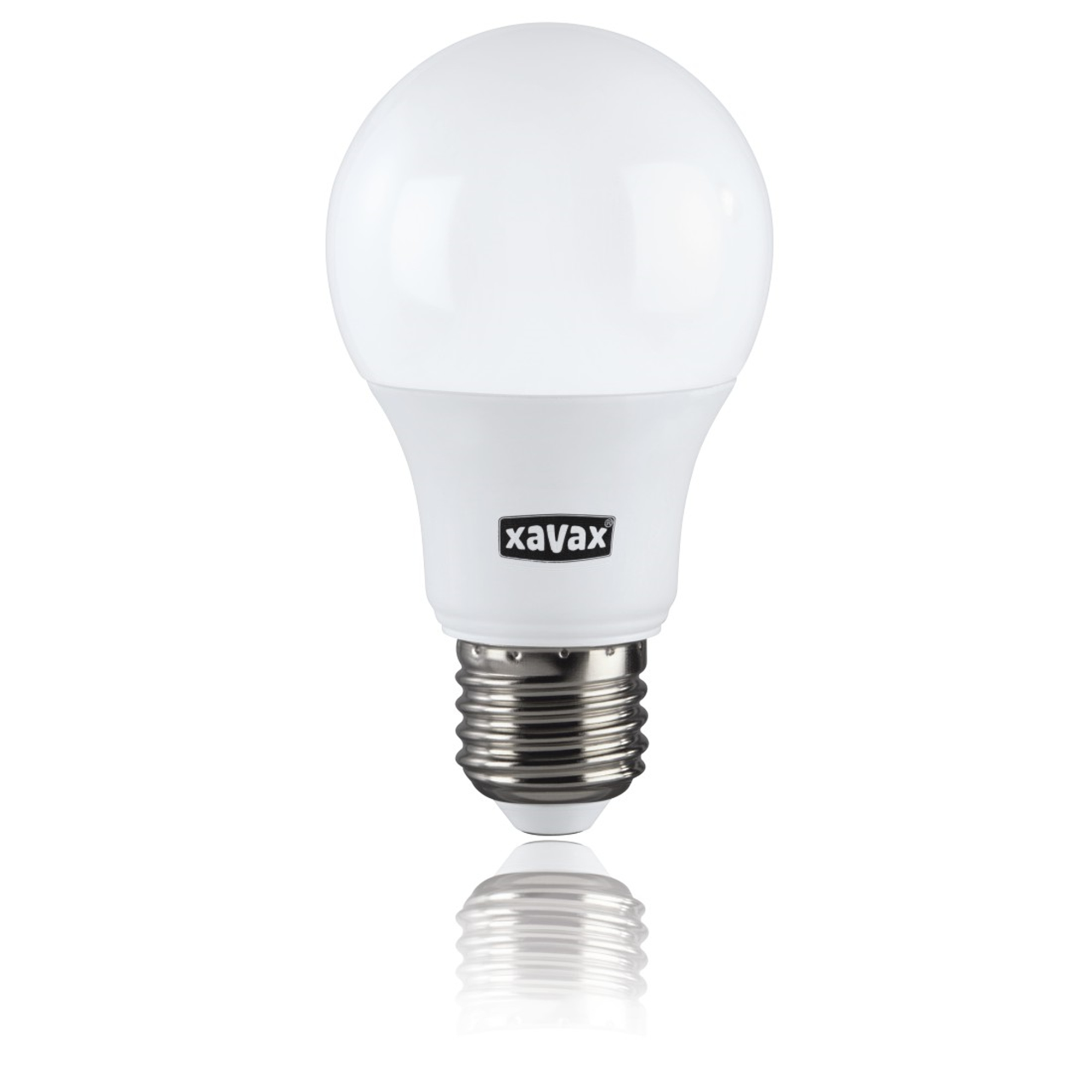 Lampadina bianca con base bianca, testo Xavax nero, sfondo bianco.