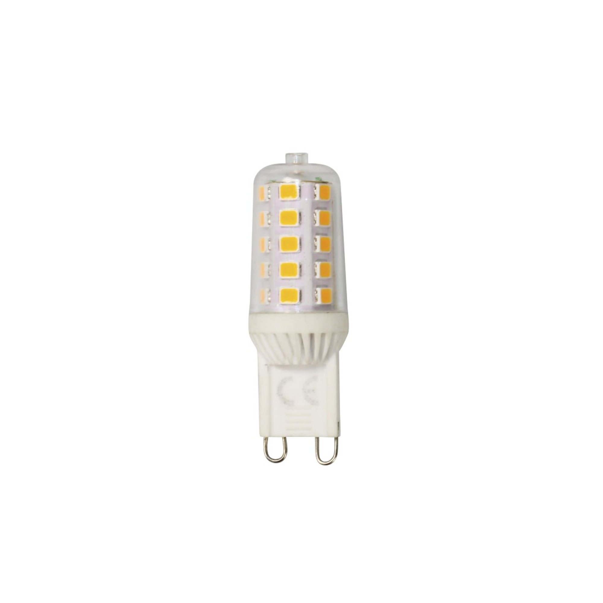 Eine G9 LED-Lampe mit klarem Gehäuse und gelben LEDs.