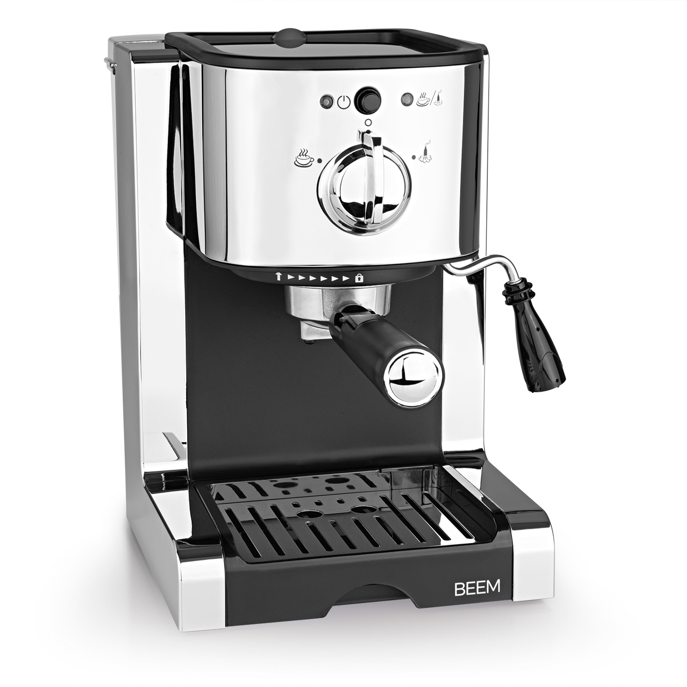 Ekspres do espresso, chromowany i czarny. Ma kolbę, dyszę do spieniania mleka i zbiornik na wodę.