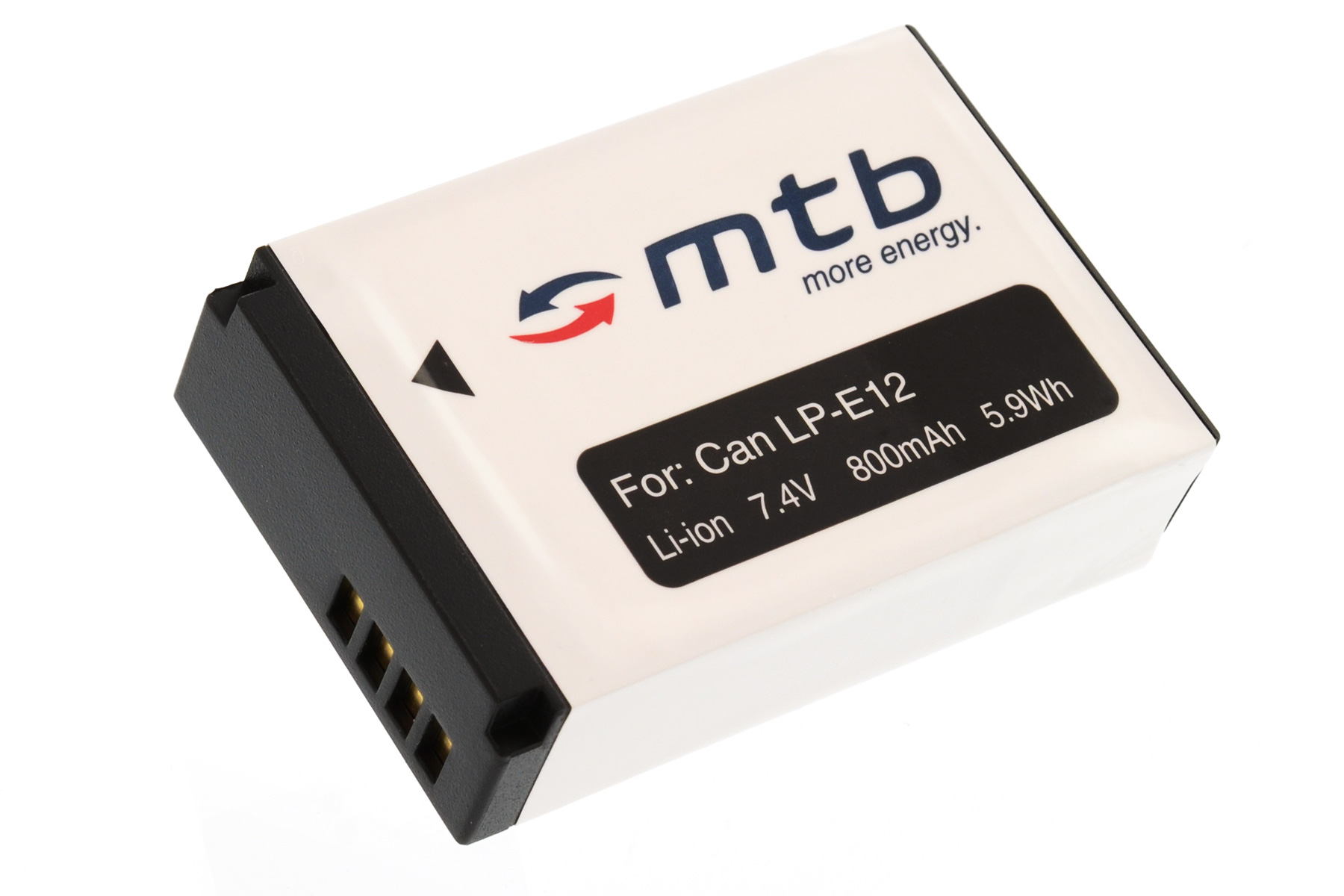 Eine weiß-schwarze Kamerabatterie mit Text, der angibt, dass es sich um eine Li-Ion 7,4 V 800 mAh 5,9 Wh Batterie handelt.