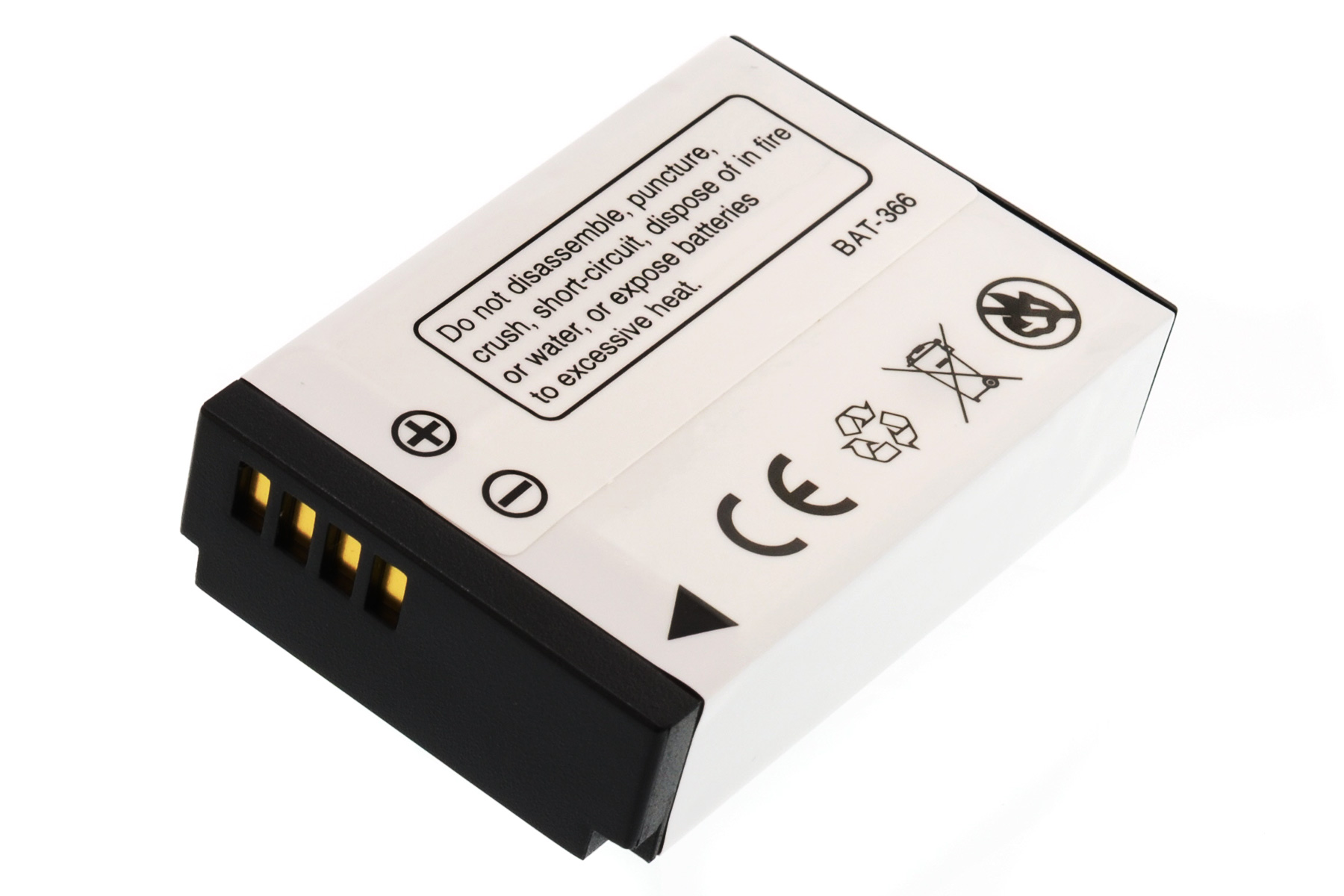 Weiße Batterie mit schwarzen und goldenen Kontakten. Warnhinweis auf dem Etikett. CE-Zeichen sichtbar.