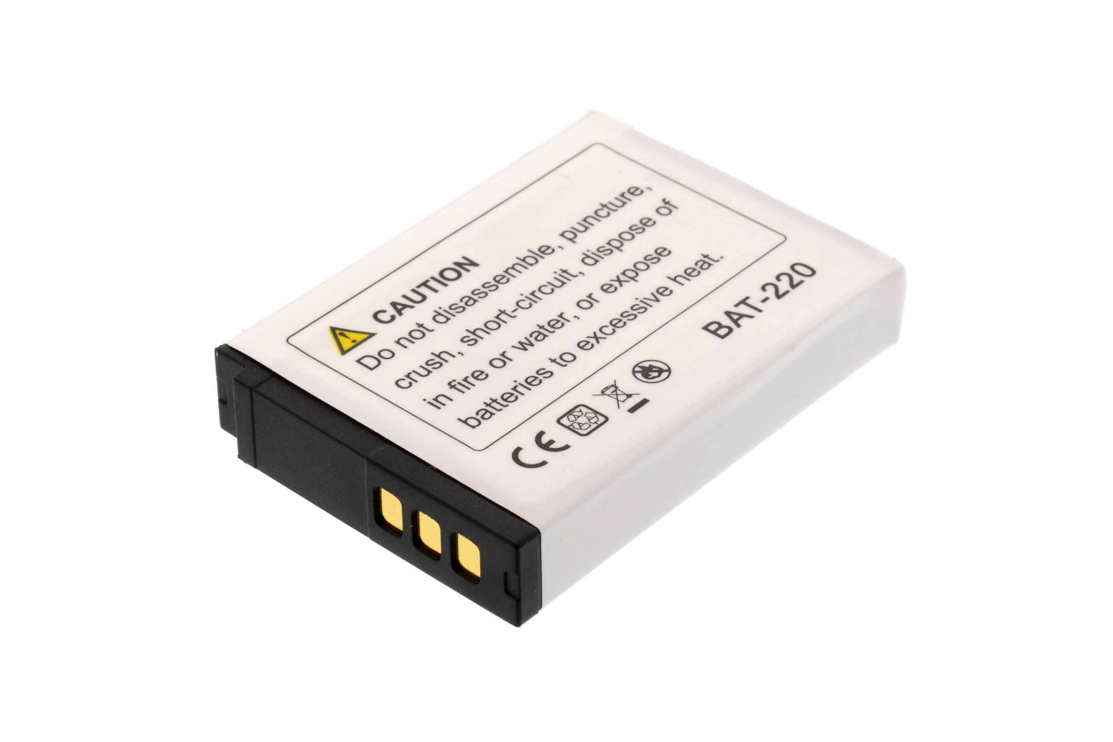 Eine kleine weiße Batterie mit einem Warnhinweis und einem CE-Zeichen.