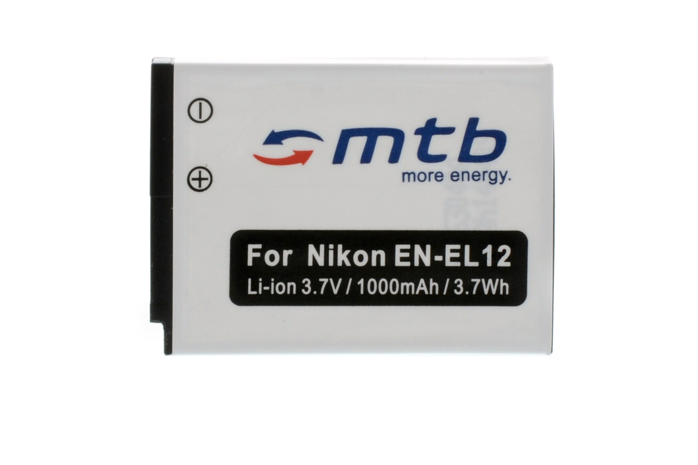 Weiße Nikon-Batterie mit schwarzen Markierungen und Text: For Nikon EN-EL12, Li-ion 3.7V 1000mAh/3.7Wh.